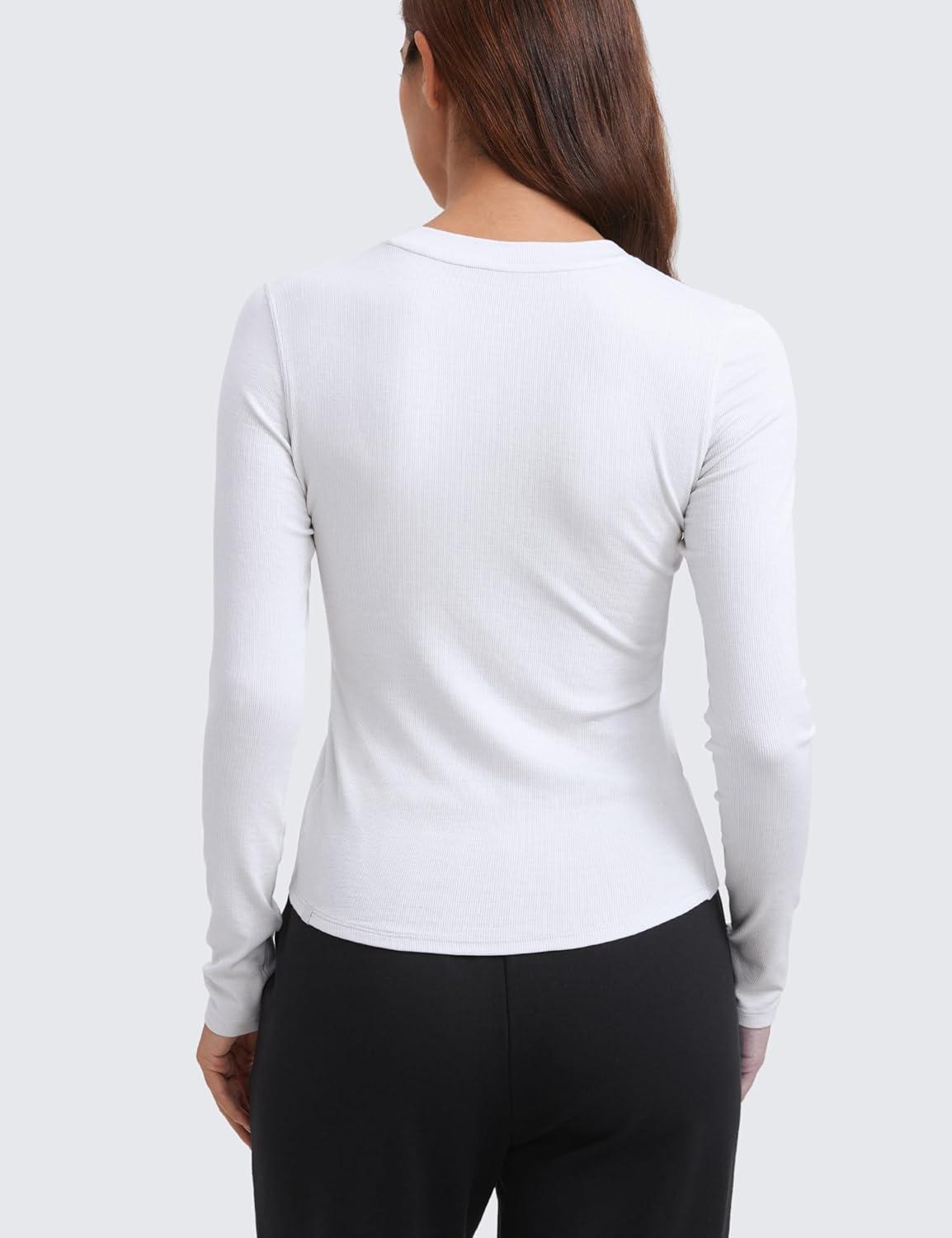 imageCRZ YOGA Ribbed Modal Henley Shirts for Women Comfort Casual Knit Long Sleeve Tops Soft Stretchy Basic Fitted LayeringWhite