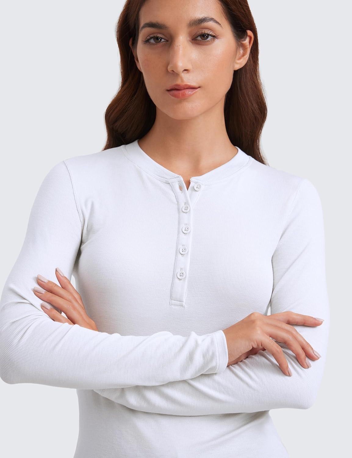 imageCRZ YOGA Ribbed Modal Henley Shirts for Women Comfort Casual Knit Long Sleeve Tops Soft Stretchy Basic Fitted LayeringWhite