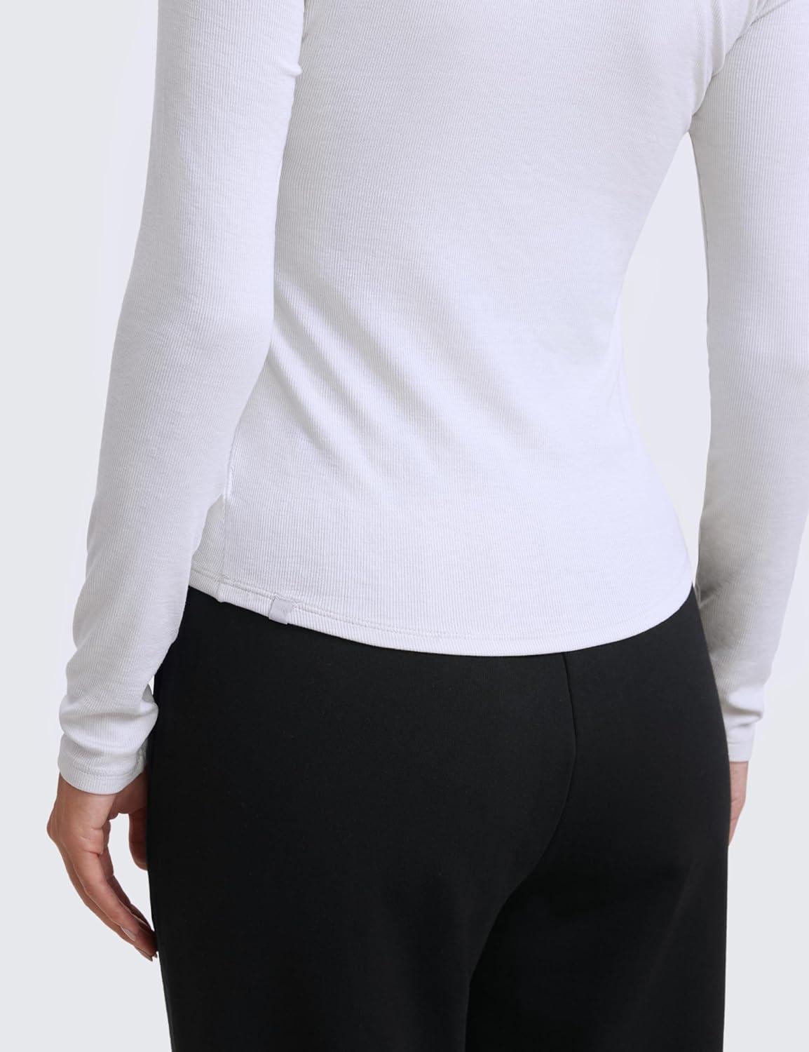 imageCRZ YOGA Ribbed Modal Henley Shirts for Women Comfort Casual Knit Long Sleeve Tops Soft Stretchy Basic Fitted LayeringWhite