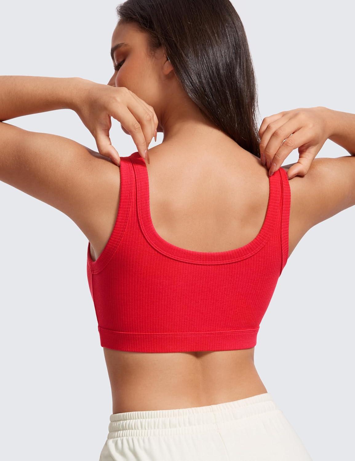 imageCRZ YOGA Ribbed Sports Bras for Women U Back Wireless Medium Impact Padded Yoga Workout CamiDeep Red