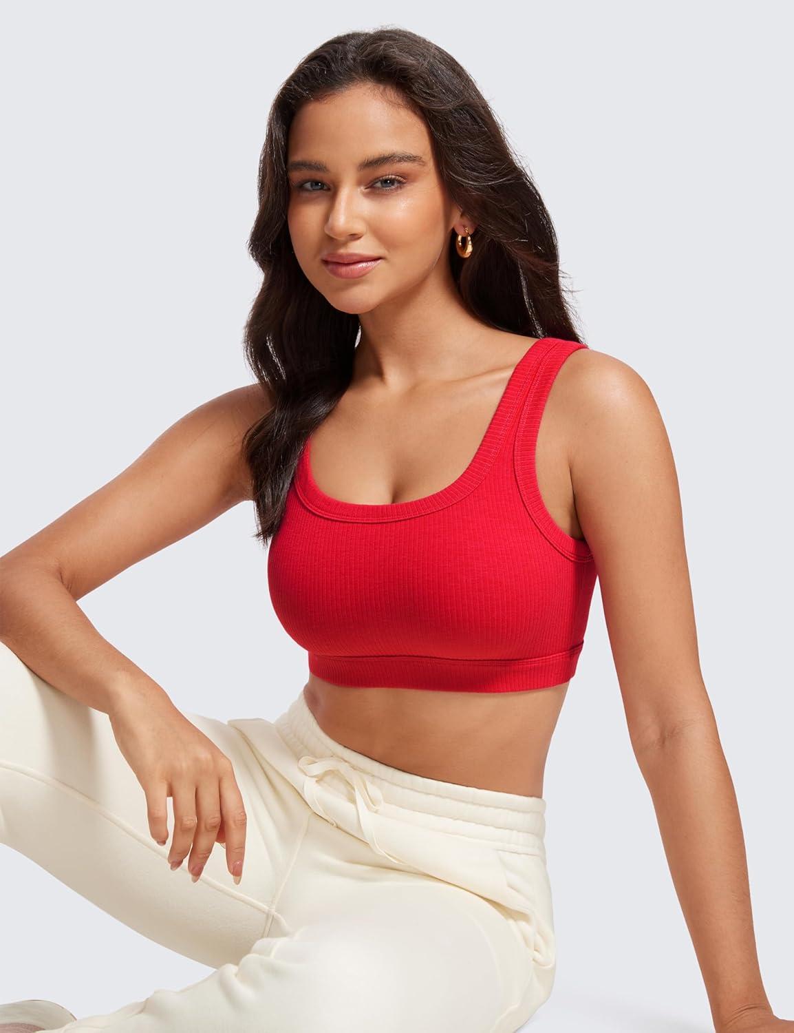 imageCRZ YOGA Ribbed Sports Bras for Women U Back Wireless Medium Impact Padded Yoga Workout CamiDeep Red