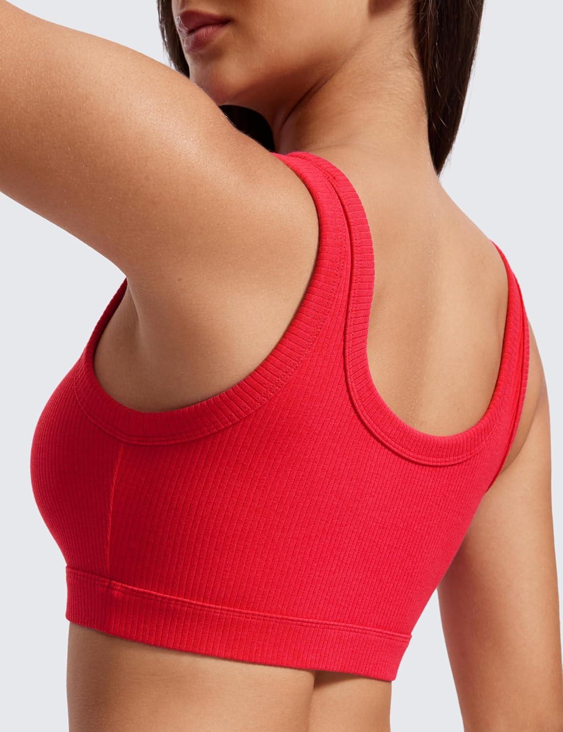 imageCRZ YOGA Ribbed Sports Bras for Women U Back Wireless Medium Impact Padded Yoga Workout CamiDeep Red