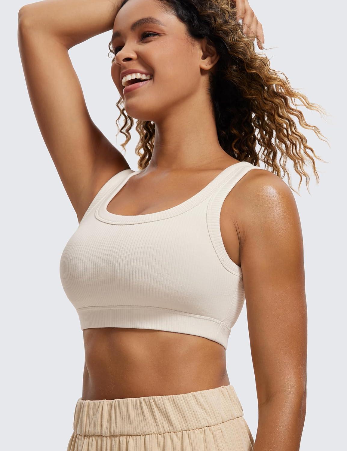 imageCRZ YOGA Ribbed Sports Bras for Women U Back Wireless Medium Impact Padded Yoga Workout CamiWhite Apricot
