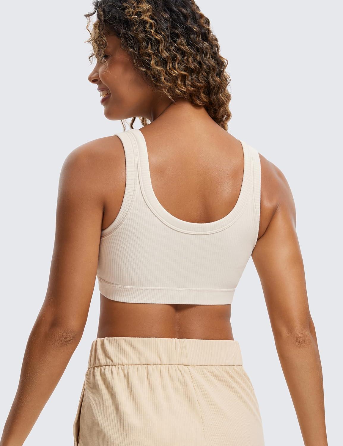 imageCRZ YOGA Ribbed Sports Bras for Women U Back Wireless Medium Impact Padded Yoga Workout CamiWhite Apricot