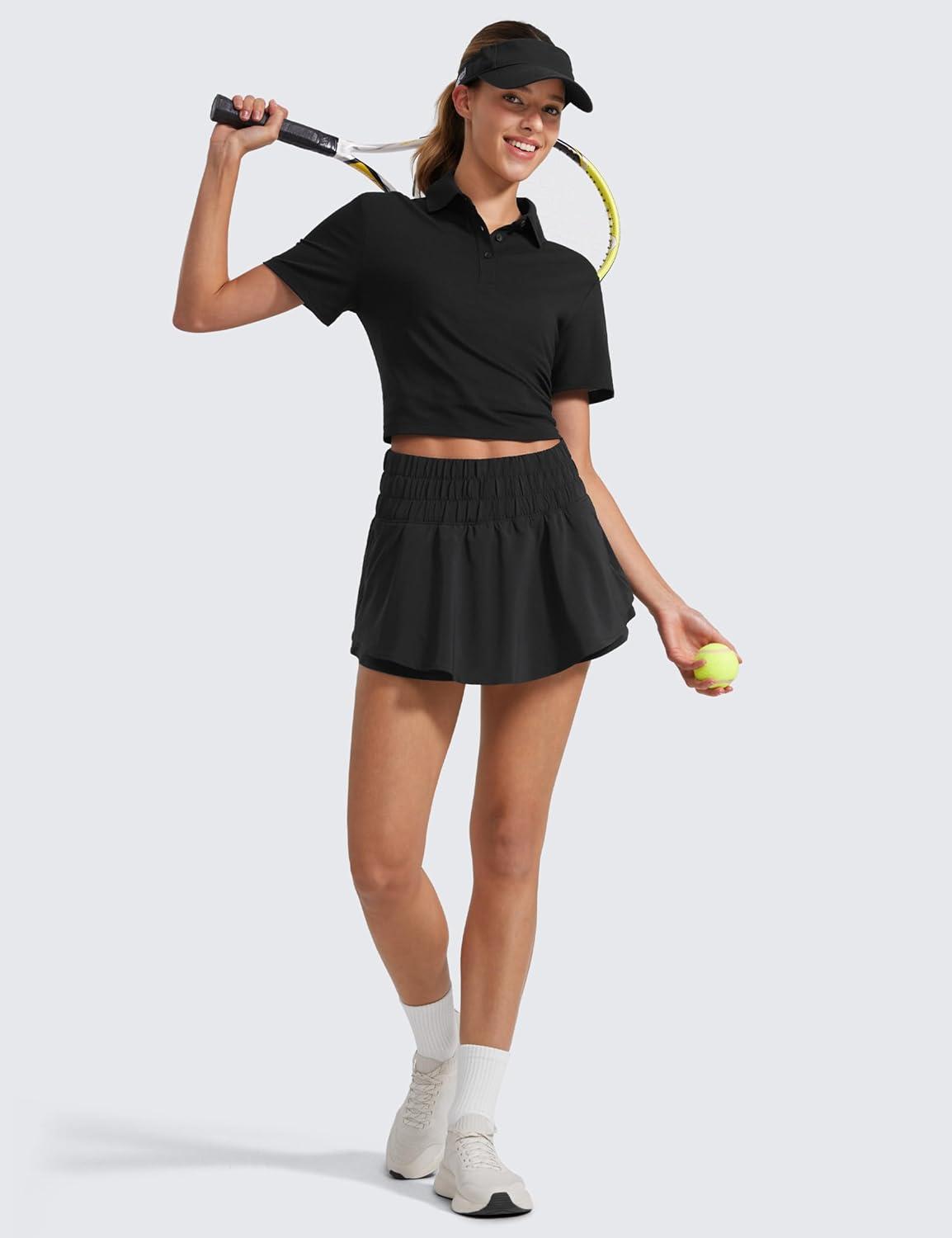 imageCRZ YOGA Ruffle Skirt Overlay Athletic Shorts for Women High Waisted Flowy for Workout Running Tennis with Zip PocketBlack