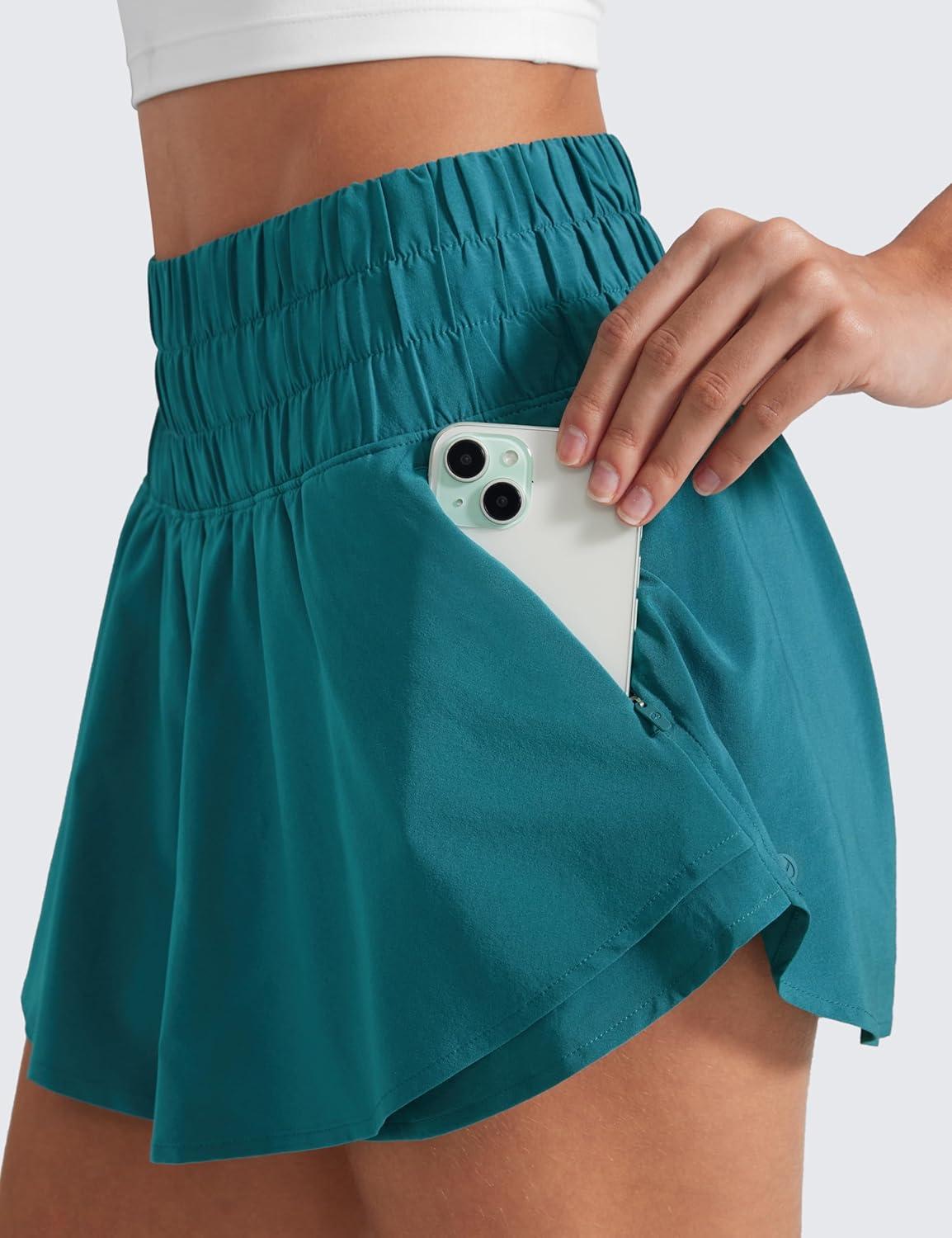 imageCRZ YOGA Ruffle Skirt Overlay Athletic Shorts for Women High Waisted Flowy for Workout Running Tennis with Zip PocketBorealis Green