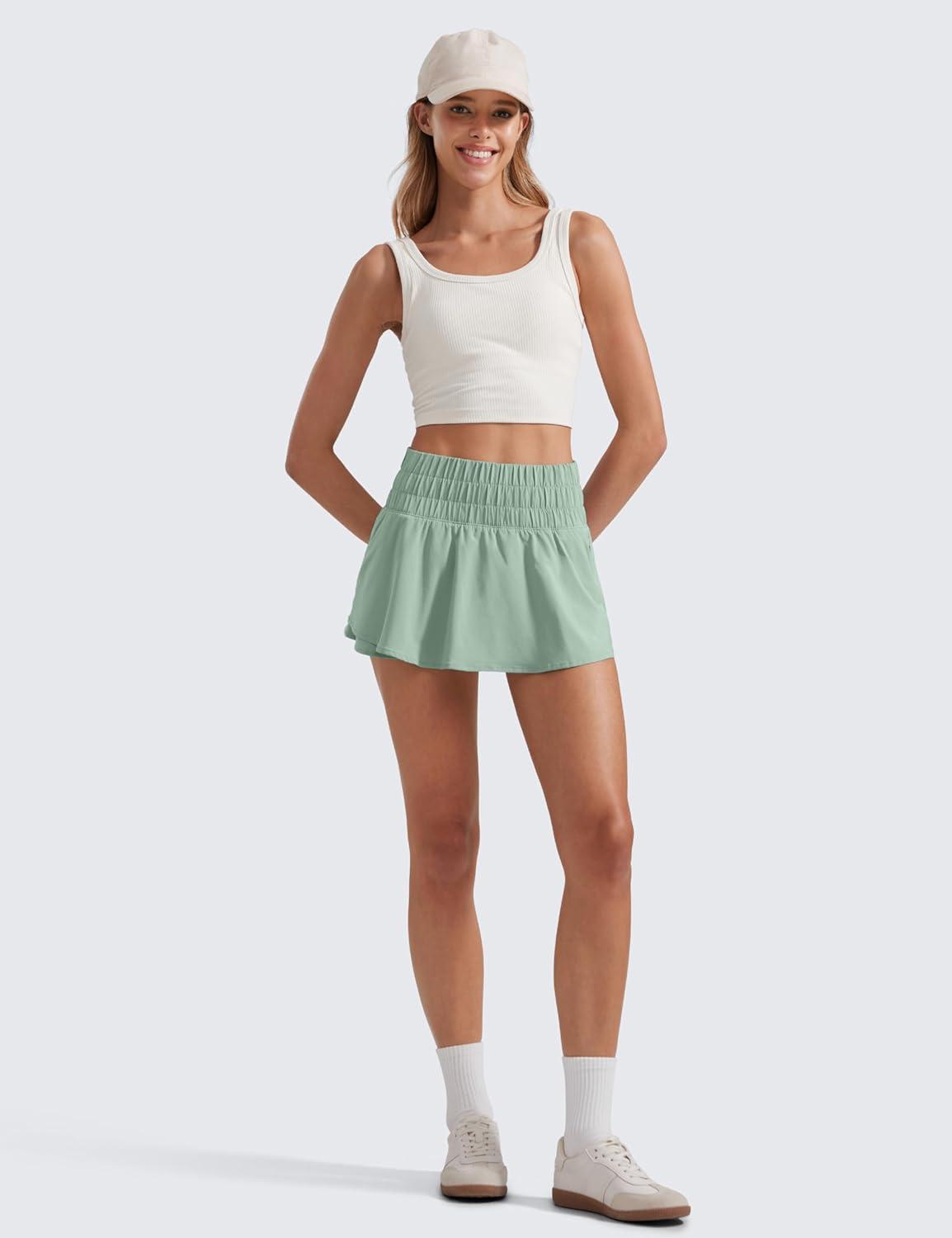 imageCRZ YOGA Ruffle Skirt Overlay Athletic Shorts for Women High Waisted Flowy for Workout Running Tennis with Zip PocketGreen Palm Court