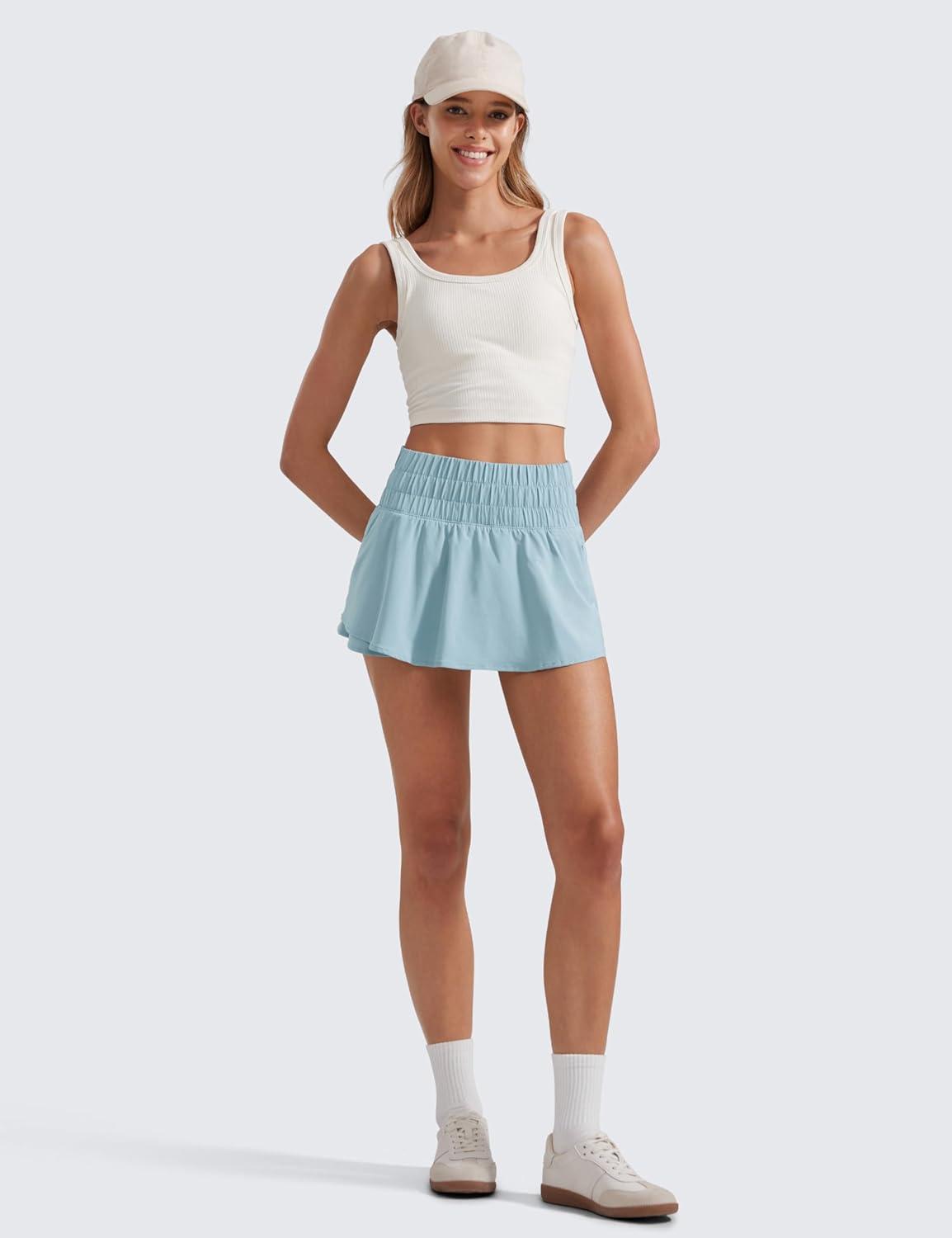 imageCRZ YOGA Ruffle Skirt Overlay Athletic Shorts for Women High Waisted Flowy for Workout Running Tennis with Zip PocketLight Grayish Blue