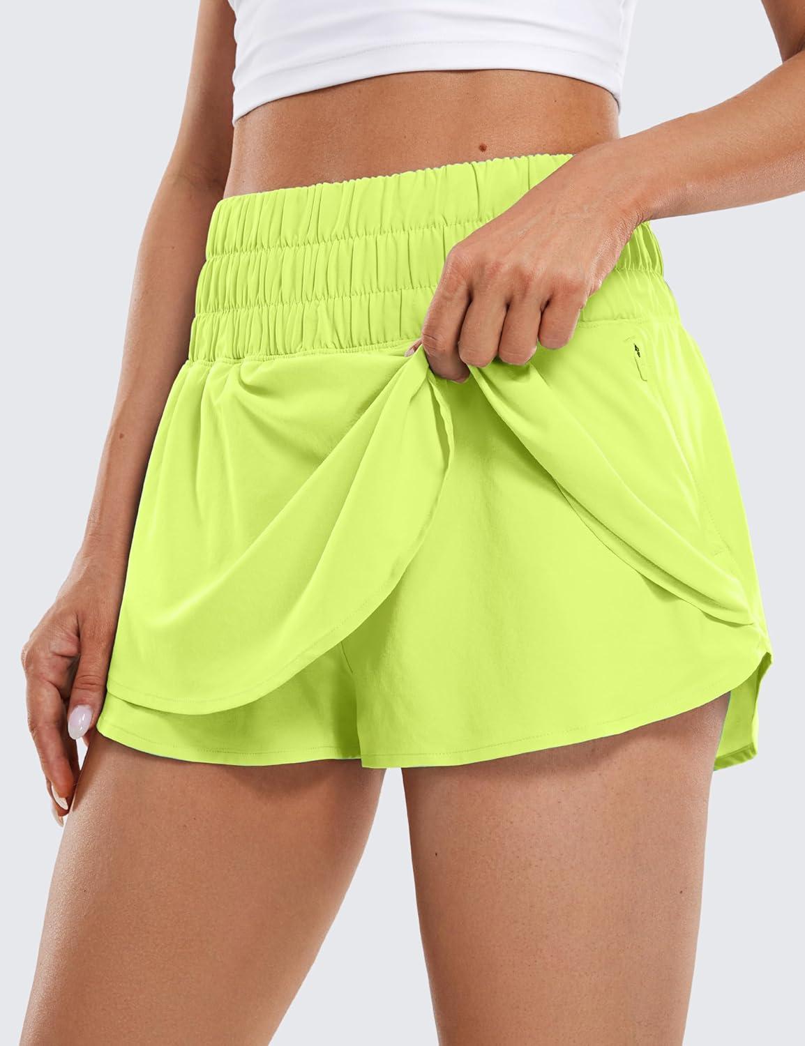 imageCRZ YOGA Ruffle Skirt Overlay Athletic Shorts for Women High Waisted Flowy for Workout Running Tennis with Zip PocketNeon Yellow