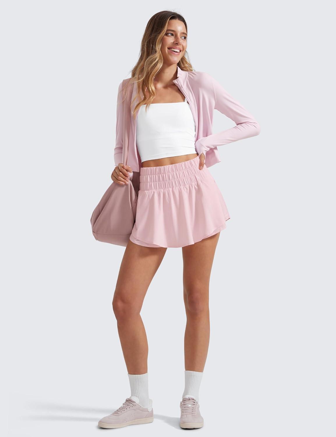 imageCRZ YOGA Ruffle Skirt Overlay Athletic Shorts for Women High Waisted Flowy for Workout Running Tennis with Zip PocketStrawberry Pink