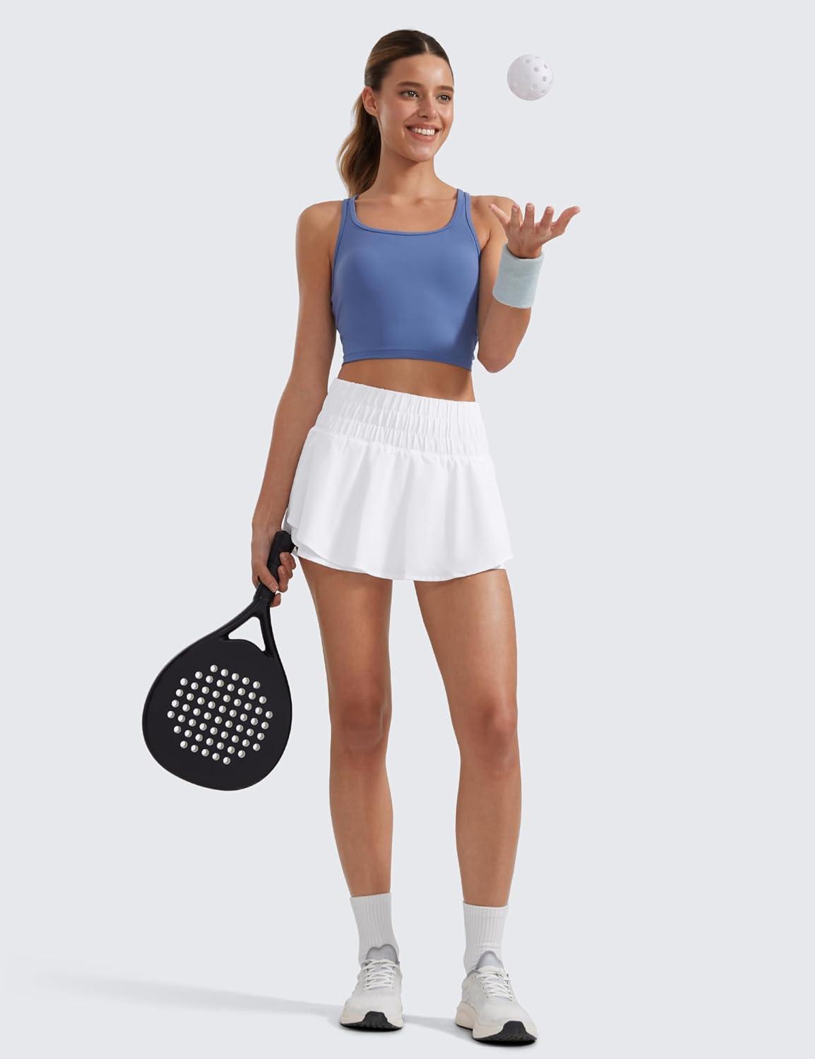 imageCRZ YOGA Ruffle Skirt Overlay Athletic Shorts for Women High Waisted Flowy for Workout Running Tennis with Zip PocketWhite