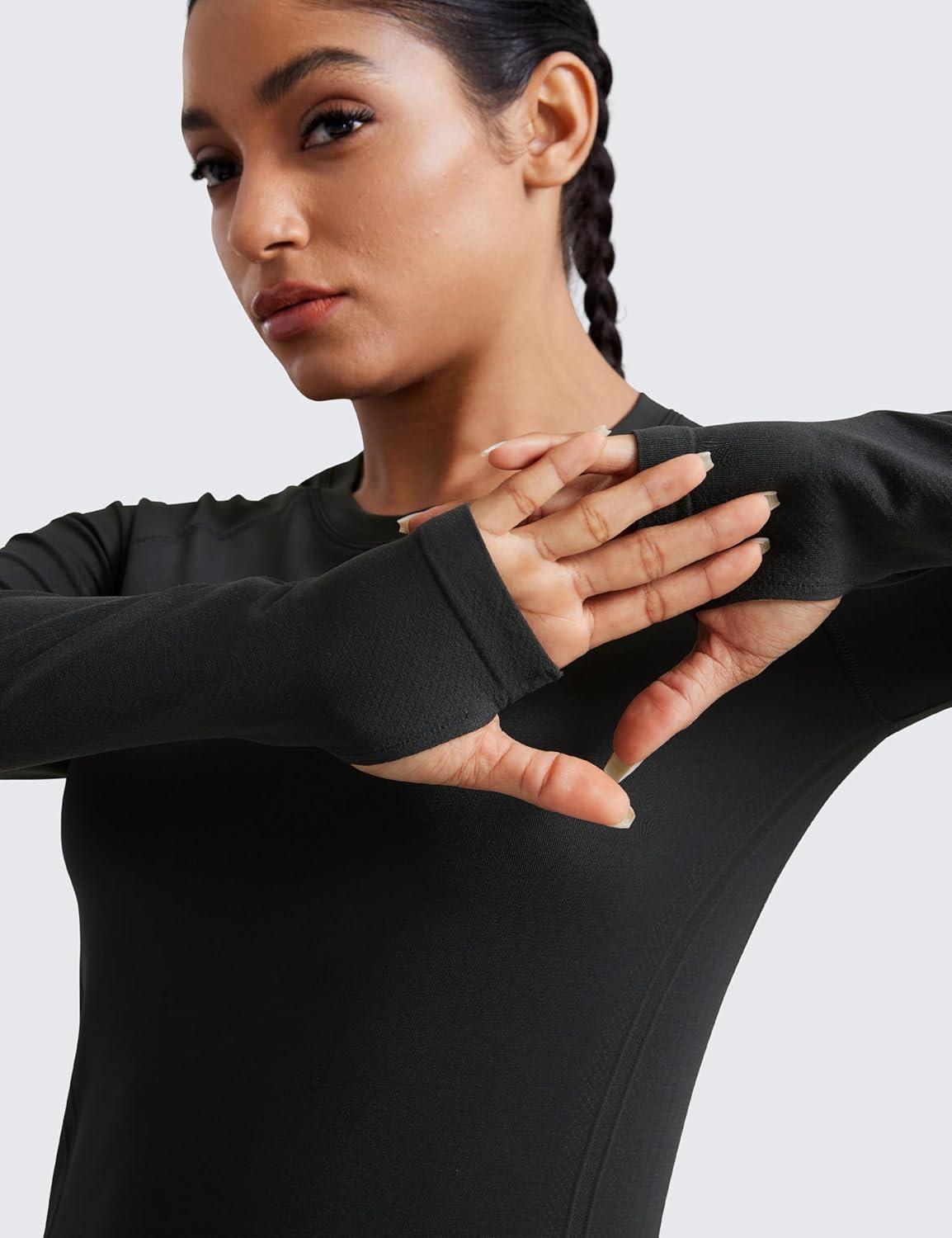 imageCRZ YOGA Seamless Long Sleeve Shirts for Women Hip Workout Athletic Running Gym Yoga Tops Breathable Crew Neck TShirtBlack