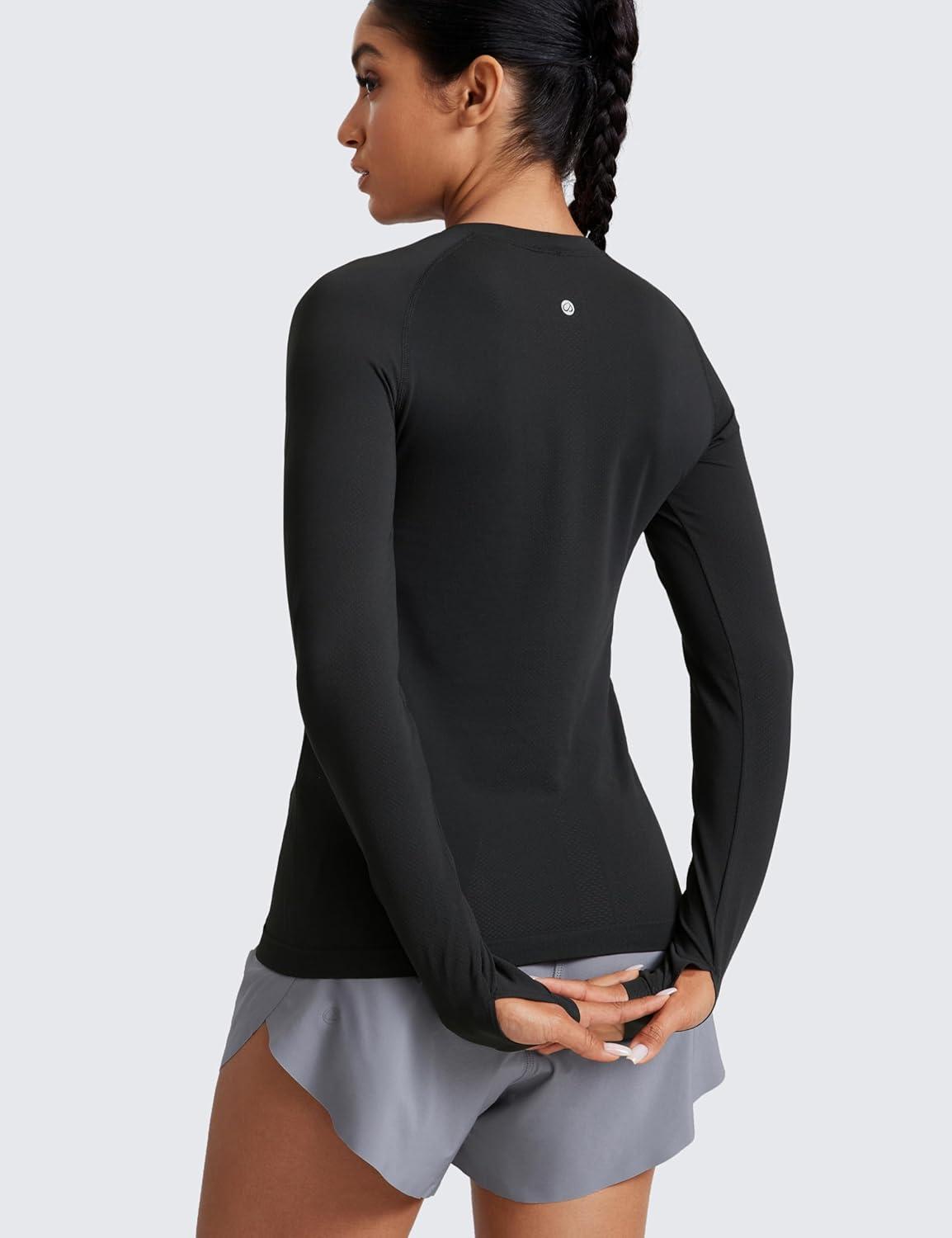 imageCRZ YOGA Seamless Long Sleeve Shirts for Women Hip Workout Athletic Running Gym Yoga Tops Breathable Crew Neck TShirtBlack