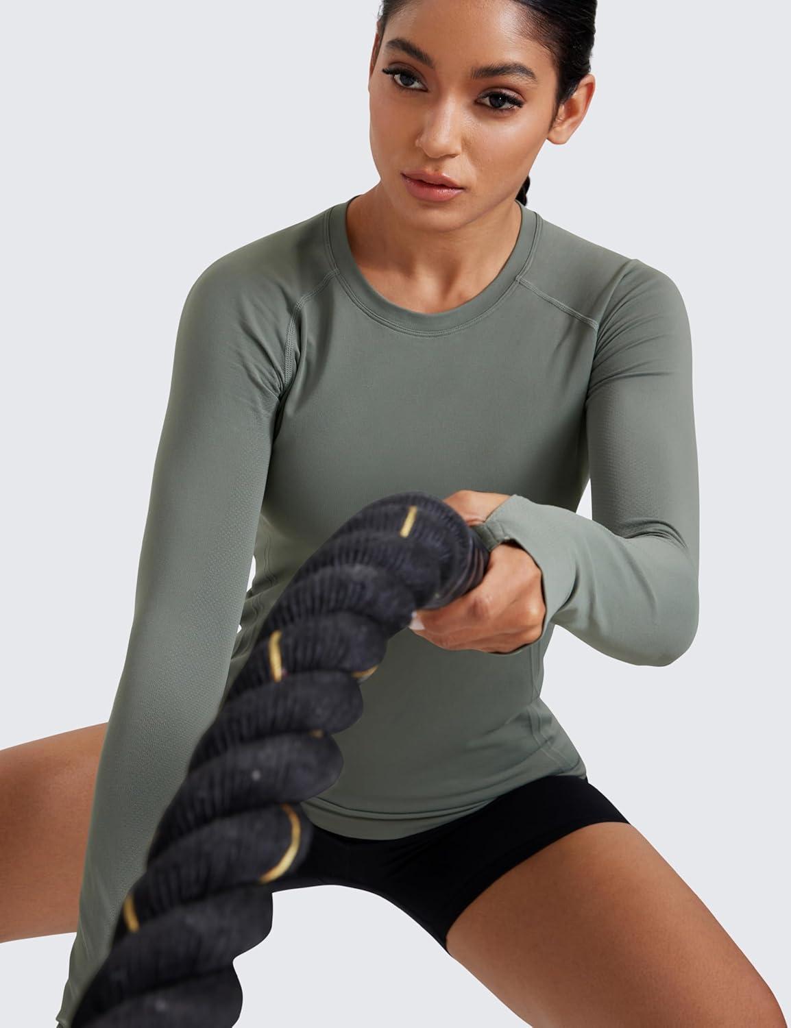 imageCRZ YOGA Seamless Long Sleeve Shirts for Women Hip Workout Athletic Running Gym Yoga Tops Breathable Crew Neck TShirtGrey Sage