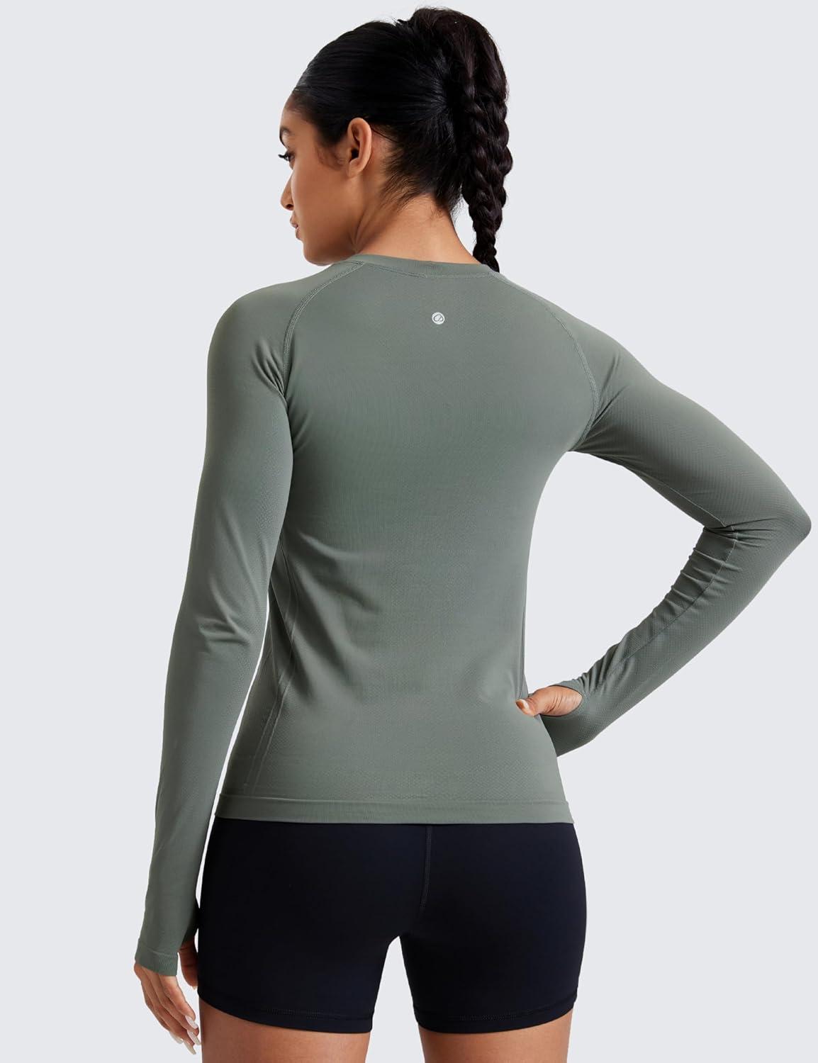 imageCRZ YOGA Seamless Long Sleeve Shirts for Women Hip Workout Athletic Running Gym Yoga Tops Breathable Crew Neck TShirtGrey Sage