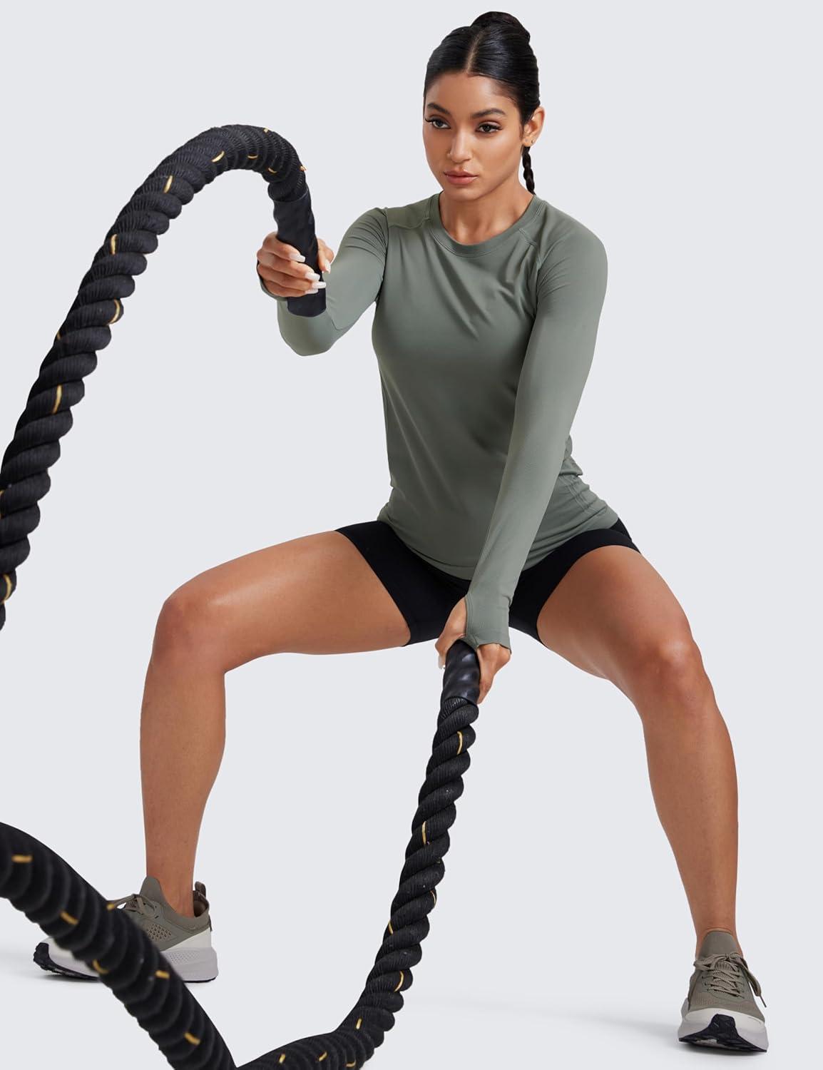 imageCRZ YOGA Seamless Long Sleeve Shirts for Women Hip Workout Athletic Running Gym Yoga Tops Breathable Crew Neck TShirtGrey Sage