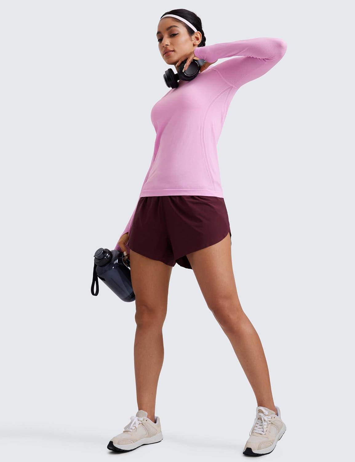 imageCRZ YOGA Seamless Long Sleeve Shirts for Women Hip Workout Athletic Running Gym Yoga Tops Breathable Crew Neck TShirtHeather Pink