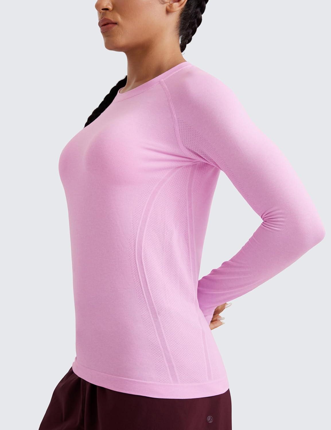 imageCRZ YOGA Seamless Long Sleeve Shirts for Women Hip Workout Athletic Running Gym Yoga Tops Breathable Crew Neck TShirtHeather Pink