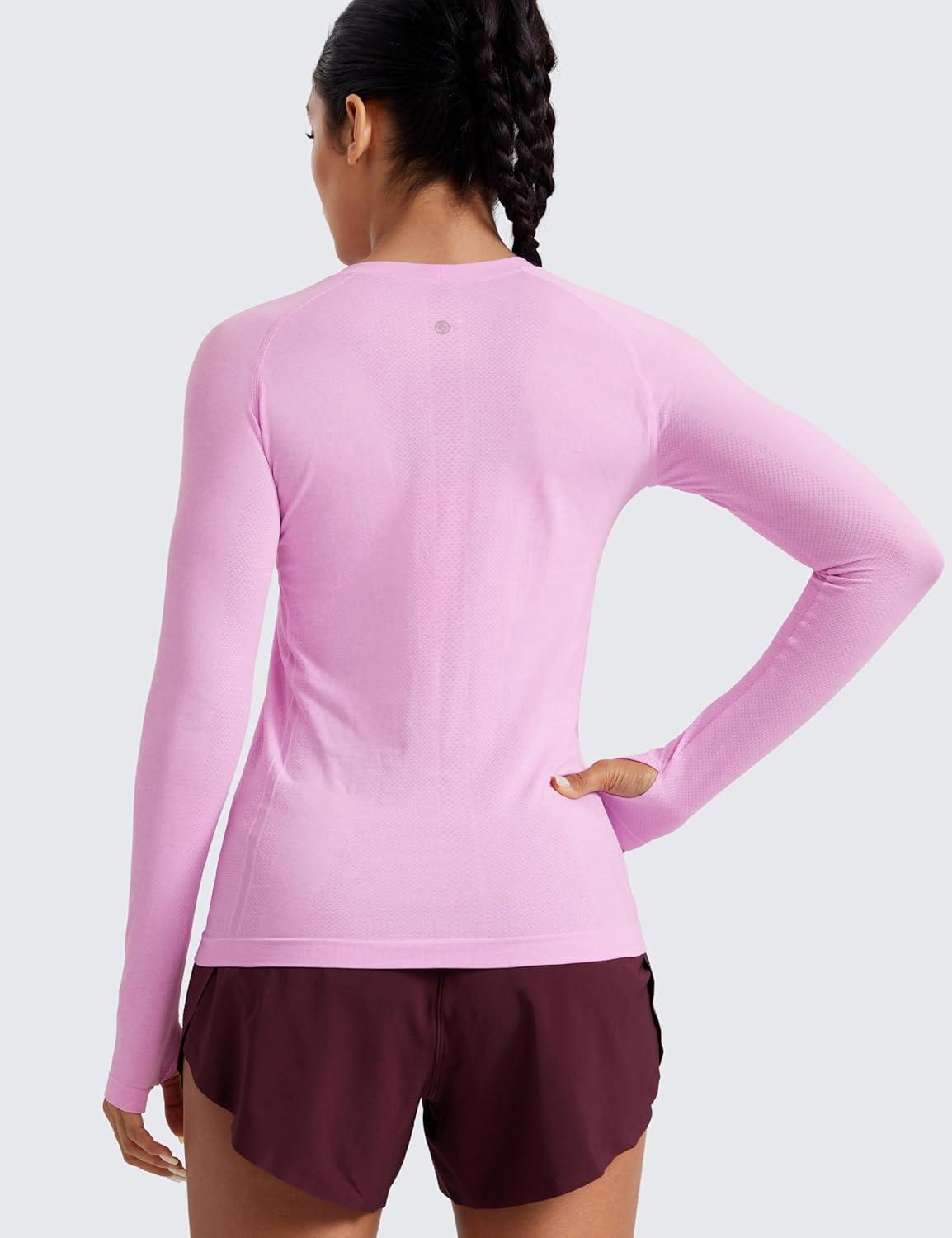 imageCRZ YOGA Seamless Long Sleeve Shirts for Women Hip Workout Athletic Running Gym Yoga Tops Breathable Crew Neck TShirtHeather Pink