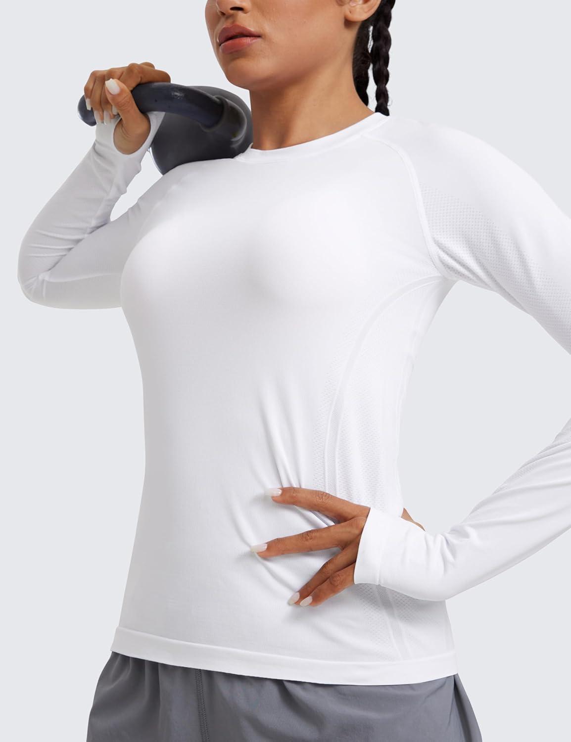 imageCRZ YOGA Seamless Long Sleeve Shirts for Women Hip Workout Athletic Running Gym Yoga Tops Breathable Crew Neck TShirtWhite
