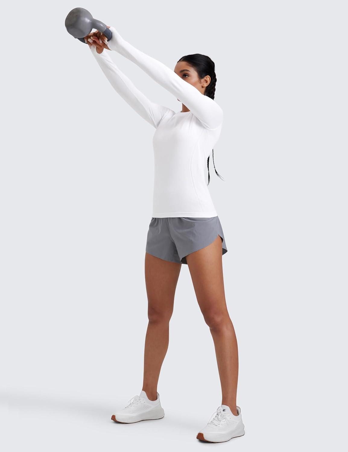imageCRZ YOGA Seamless Long Sleeve Shirts for Women Hip Workout Athletic Running Gym Yoga Tops Breathable Crew Neck TShirtWhite