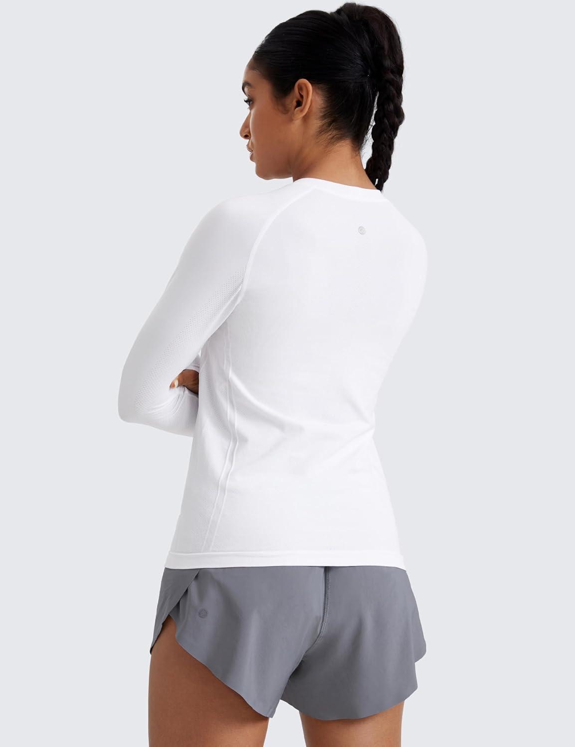 imageCRZ YOGA Seamless Long Sleeve Shirts for Women Hip Workout Athletic Running Gym Yoga Tops Breathable Crew Neck TShirtWhite