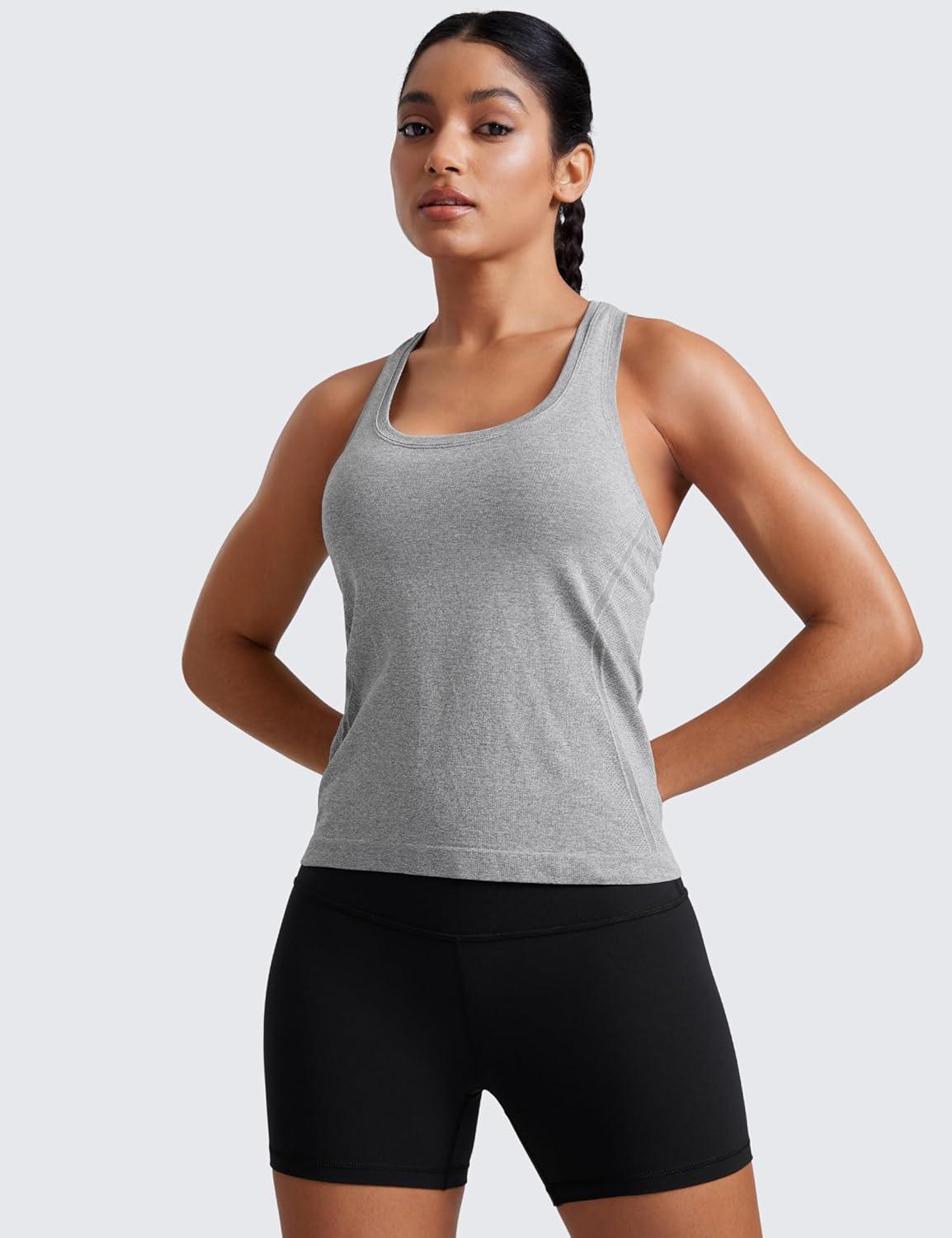 imageCRZ YOGA Seamless Racerback Tank Tops for Women Gym Workout Athletic Running Sleeveless Shirts Breathable Scoop NeckSlate Grey Marl