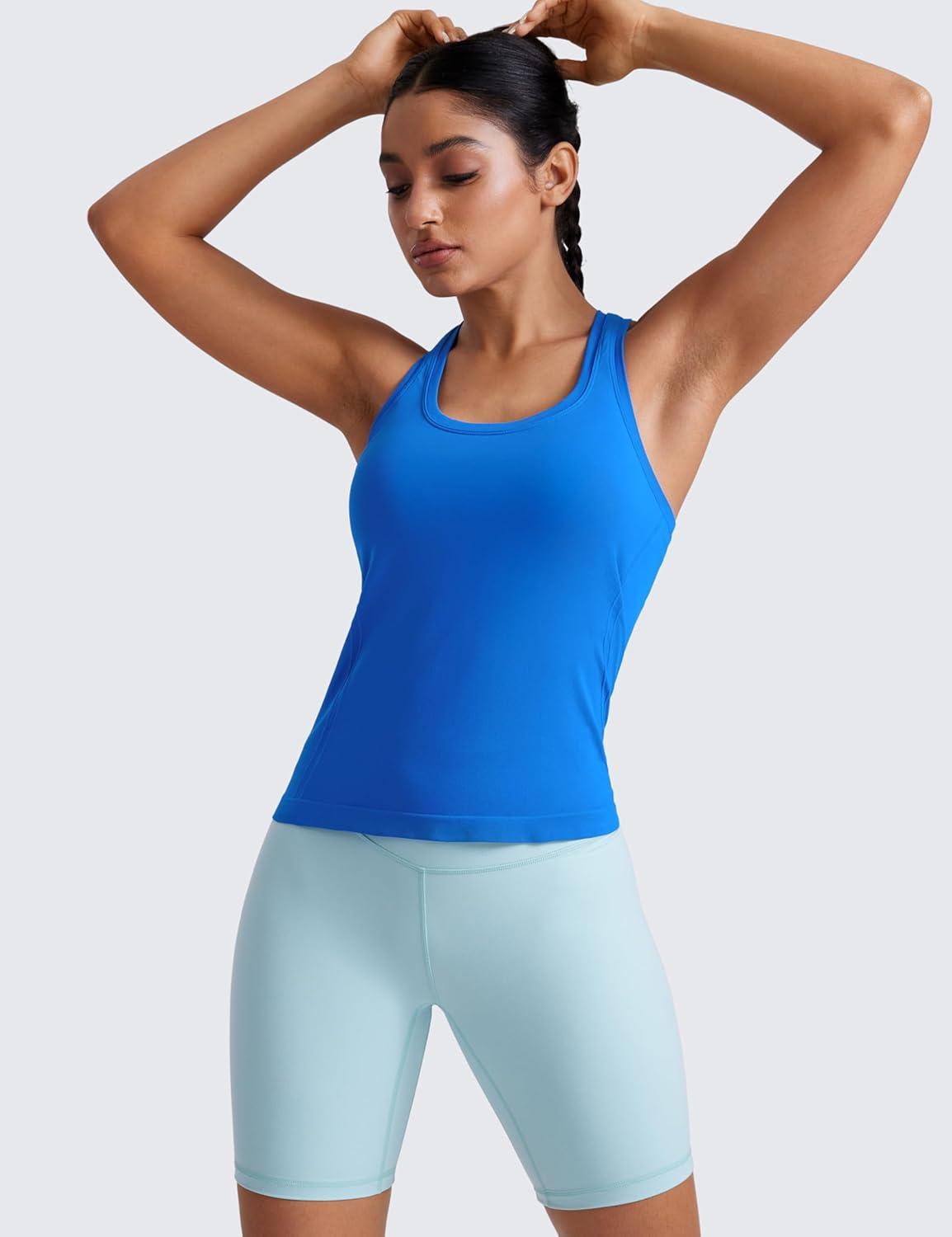 imageCRZ YOGA Seamless Racerback Tank Tops for Women Gym Workout Athletic Running Sleeveless Shirts Breathable Scoop NeckSparkle Blue