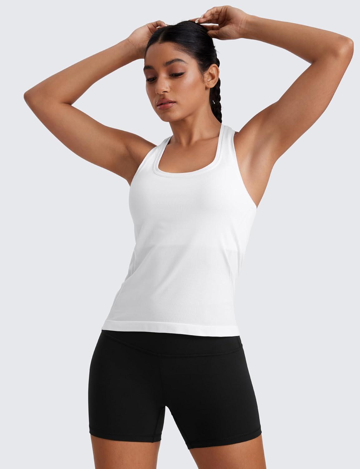 imageCRZ YOGA Seamless Racerback Tank Tops for Women Gym Workout Athletic Running Sleeveless Shirts Breathable Scoop NeckWhite