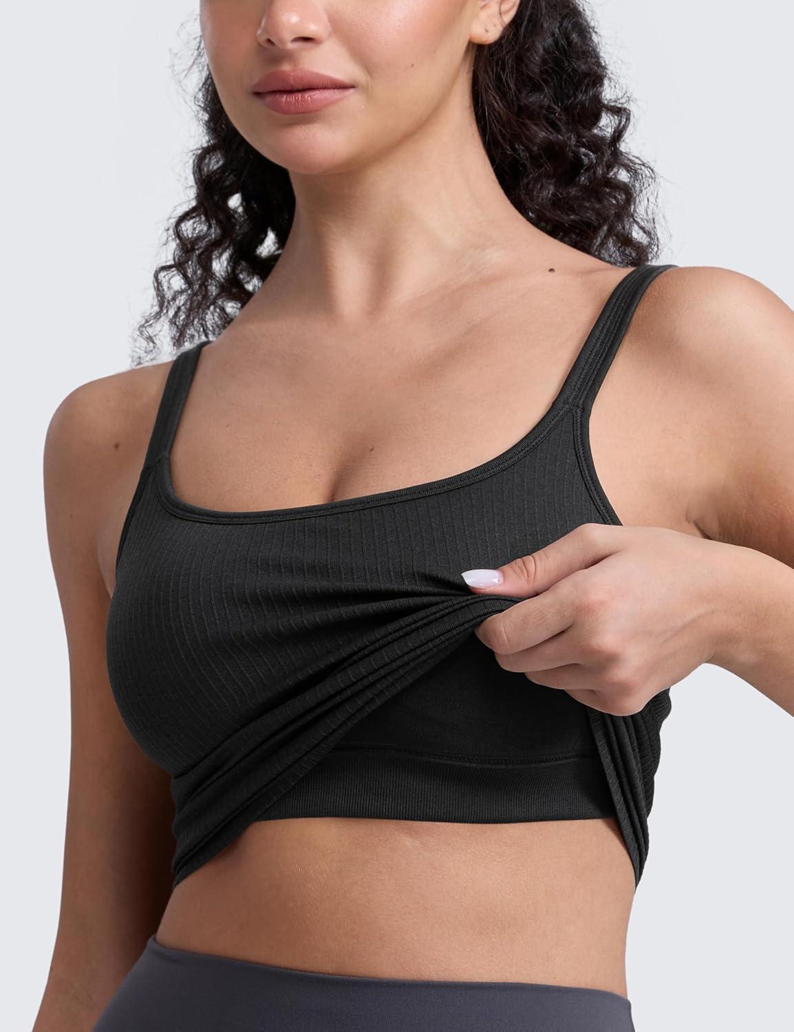 imageCRZ YOGA Seamless Womens U Neck Longline Sports Bra Thin Strap Padded Workout Crop Tank Ribbed Open Back Yoga Camisole TopBlack