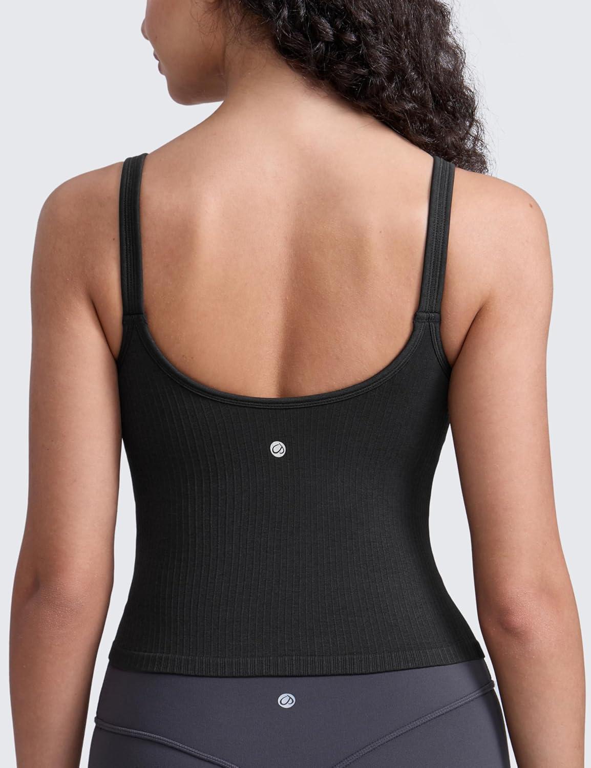 imageCRZ YOGA Seamless Womens U Neck Longline Sports Bra Thin Strap Padded Workout Crop Tank Ribbed Open Back Yoga Camisole TopBlack