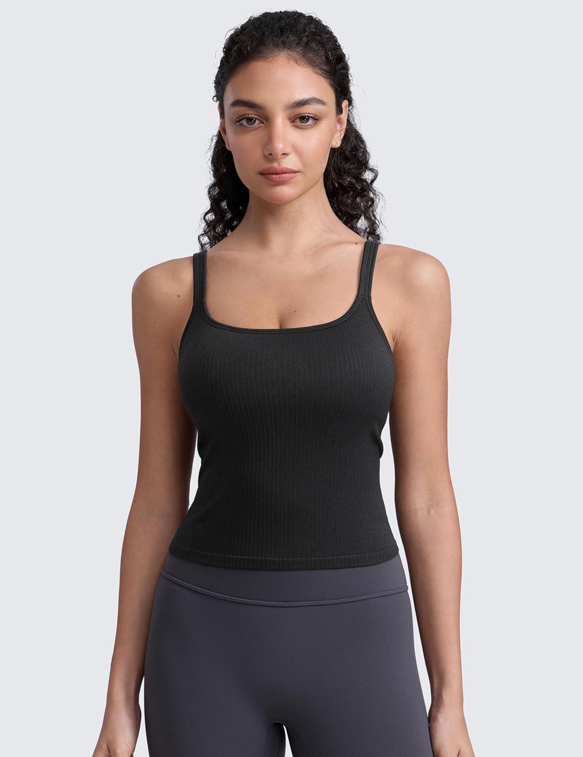 imageCRZ YOGA Seamless Womens U Neck Longline Sports Bra Thin Strap Padded Workout Crop Tank Ribbed Open Back Yoga Camisole TopBlack