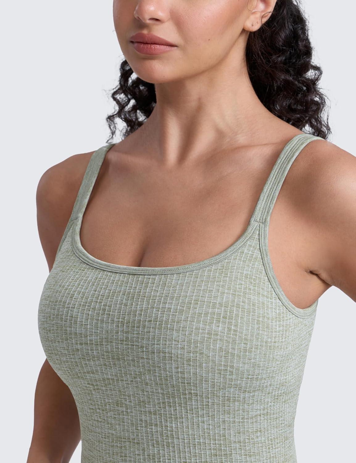 imageCRZ YOGA Seamless Womens U Neck Longline Sports Bra Thin Strap Padded Workout Crop Tank Ribbed Open Back Yoga Camisole TopDark Green