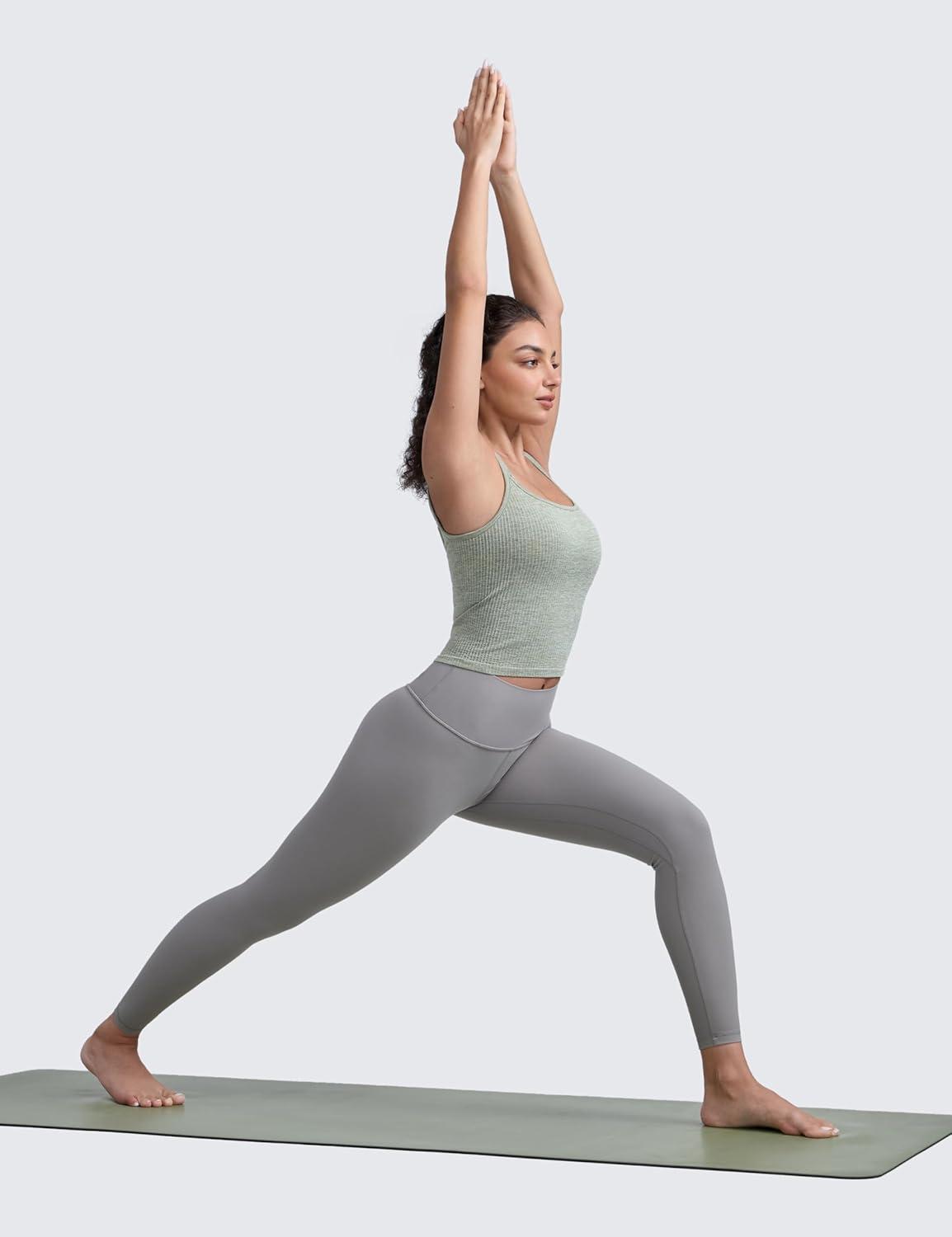 imageCRZ YOGA Seamless Womens U Neck Longline Sports Bra Thin Strap Padded Workout Crop Tank Ribbed Open Back Yoga Camisole TopDark Green