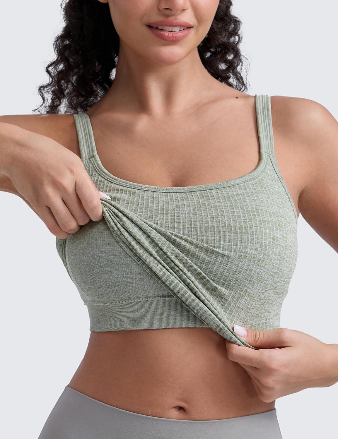 imageCRZ YOGA Seamless Womens U Neck Longline Sports Bra Thin Strap Padded Workout Crop Tank Ribbed Open Back Yoga Camisole TopDark Green