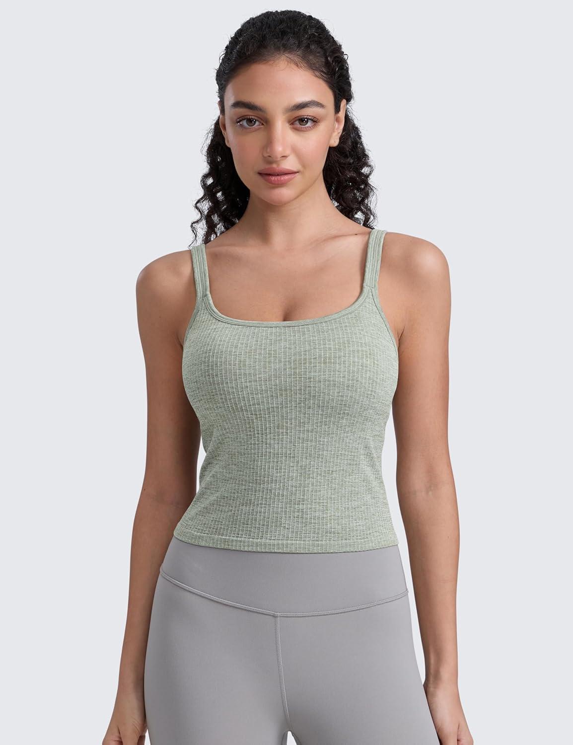 imageCRZ YOGA Seamless Womens U Neck Longline Sports Bra Thin Strap Padded Workout Crop Tank Ribbed Open Back Yoga Camisole TopDark Green