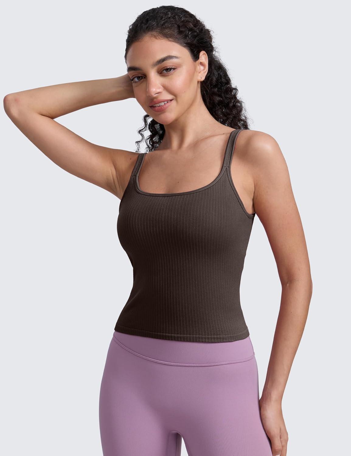 imageCRZ YOGA Seamless Womens U Neck Longline Sports Bra Thin Strap Padded Workout Crop Tank Ribbed Open Back Yoga Camisole TopHot Fudge Brown