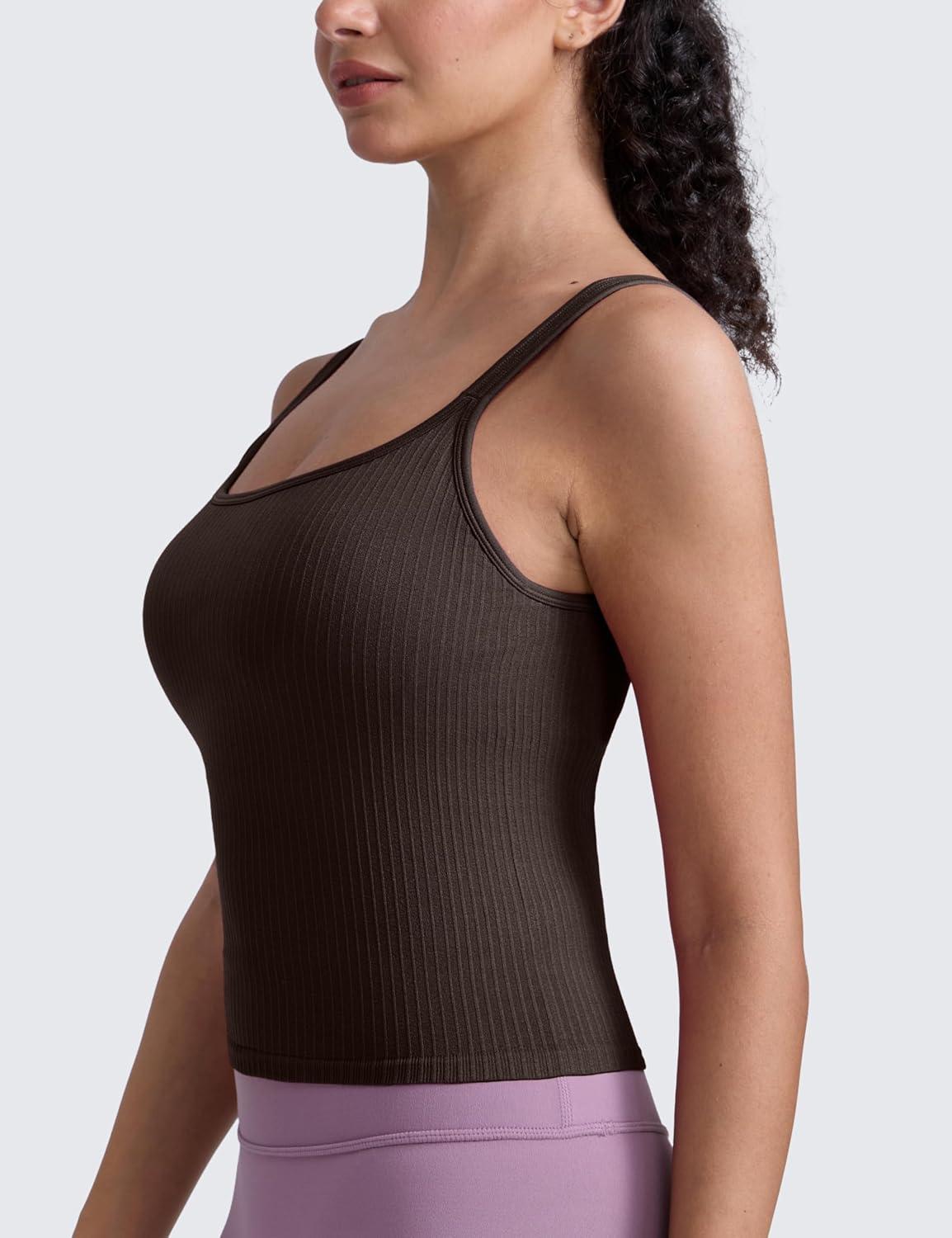 imageCRZ YOGA Seamless Womens U Neck Longline Sports Bra Thin Strap Padded Workout Crop Tank Ribbed Open Back Yoga Camisole TopHot Fudge Brown
