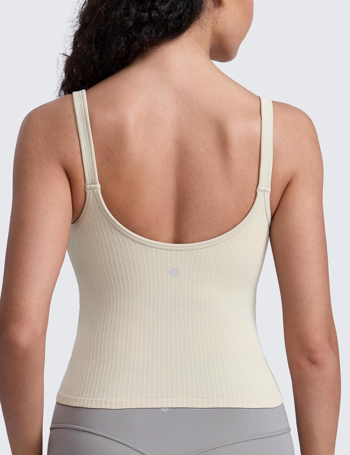 imageCRZ YOGA Seamless Womens U Neck Longline Sports Bra Thin Strap Padded Workout Crop Tank Ribbed Open Back Yoga Camisole TopMojave Tan