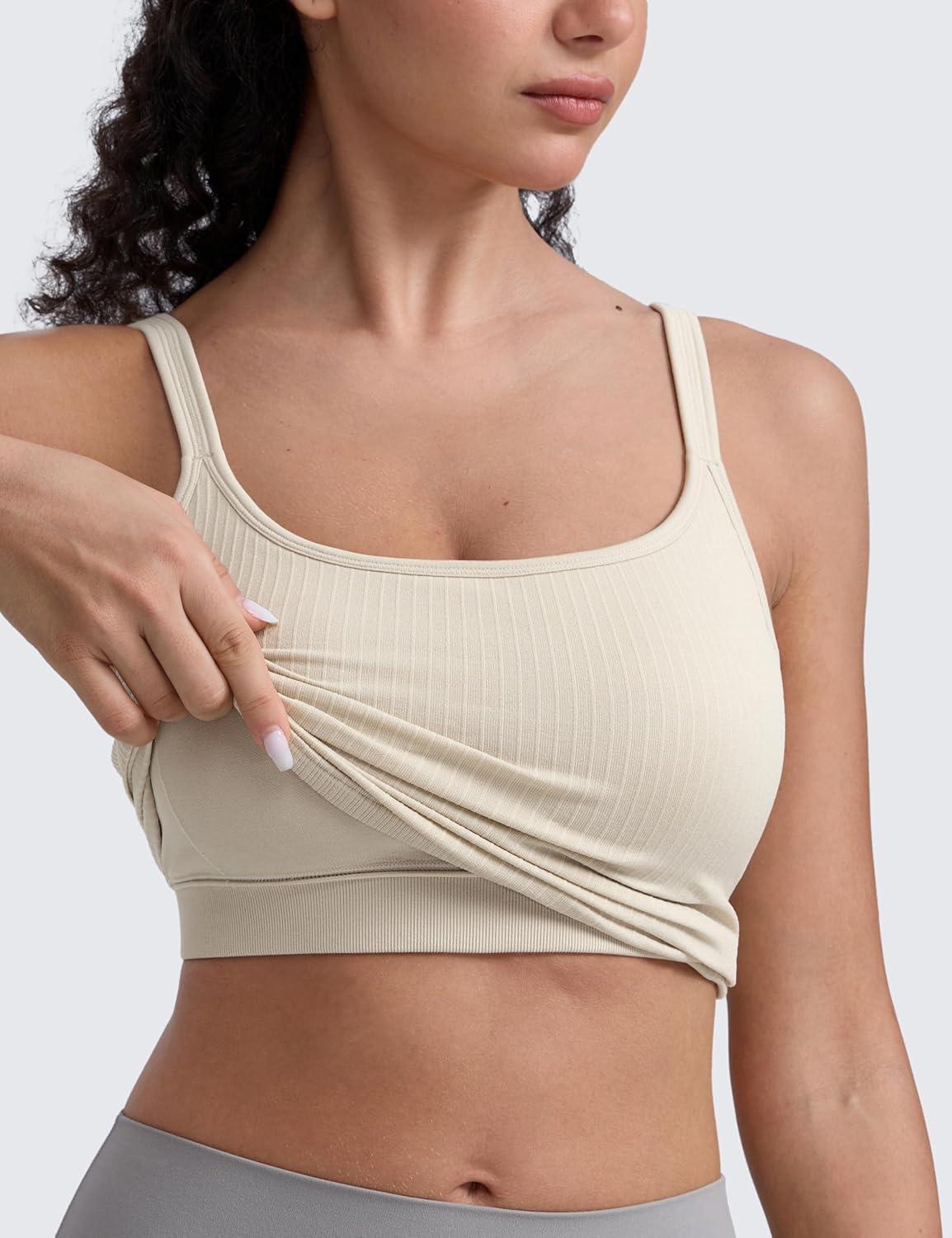 imageCRZ YOGA Seamless Womens U Neck Longline Sports Bra Thin Strap Padded Workout Crop Tank Ribbed Open Back Yoga Camisole TopMojave Tan