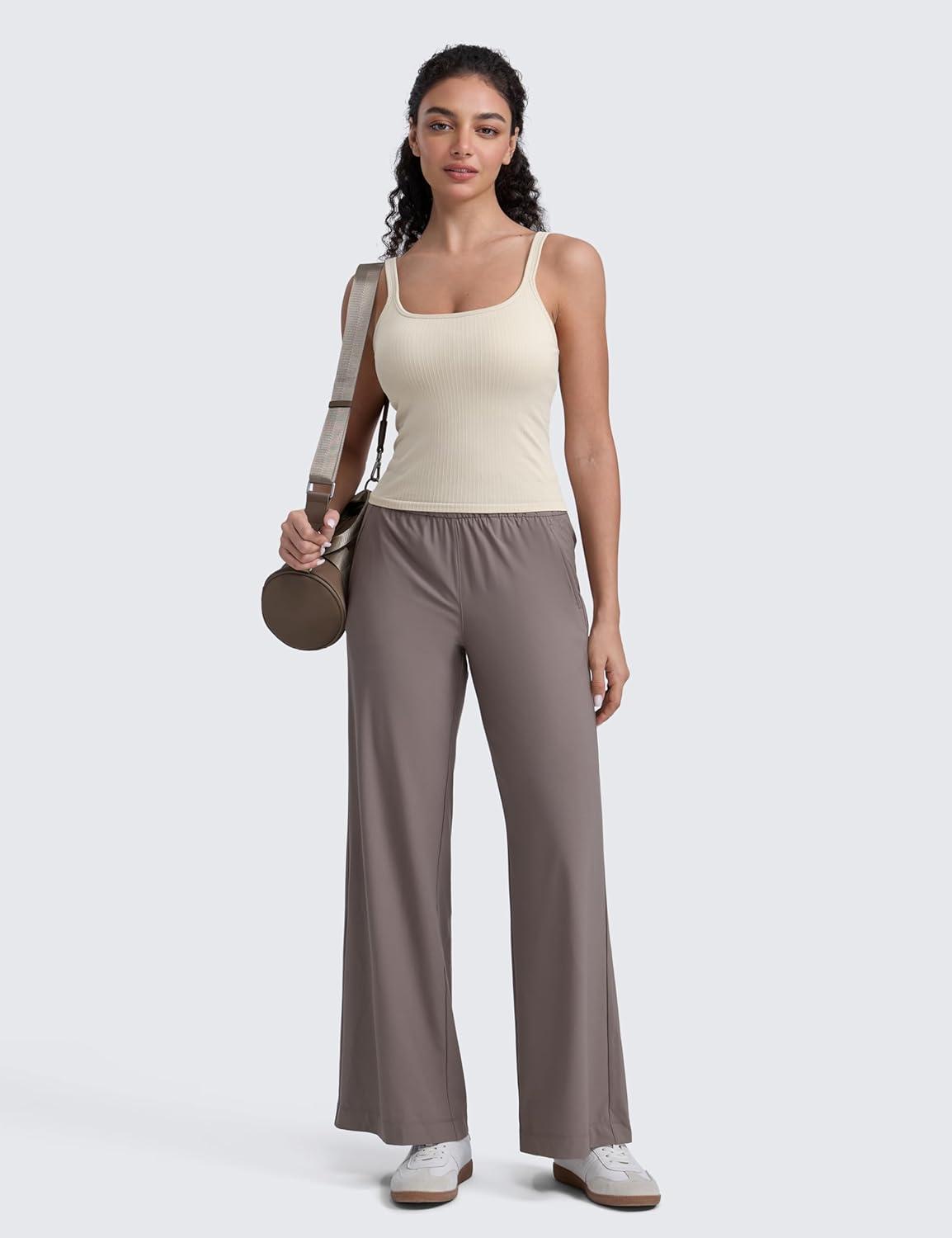 imageCRZ YOGA Seamless Womens U Neck Longline Sports Bra Thin Strap Padded Workout Crop Tank Ribbed Open Back Yoga Camisole TopMojave Tan