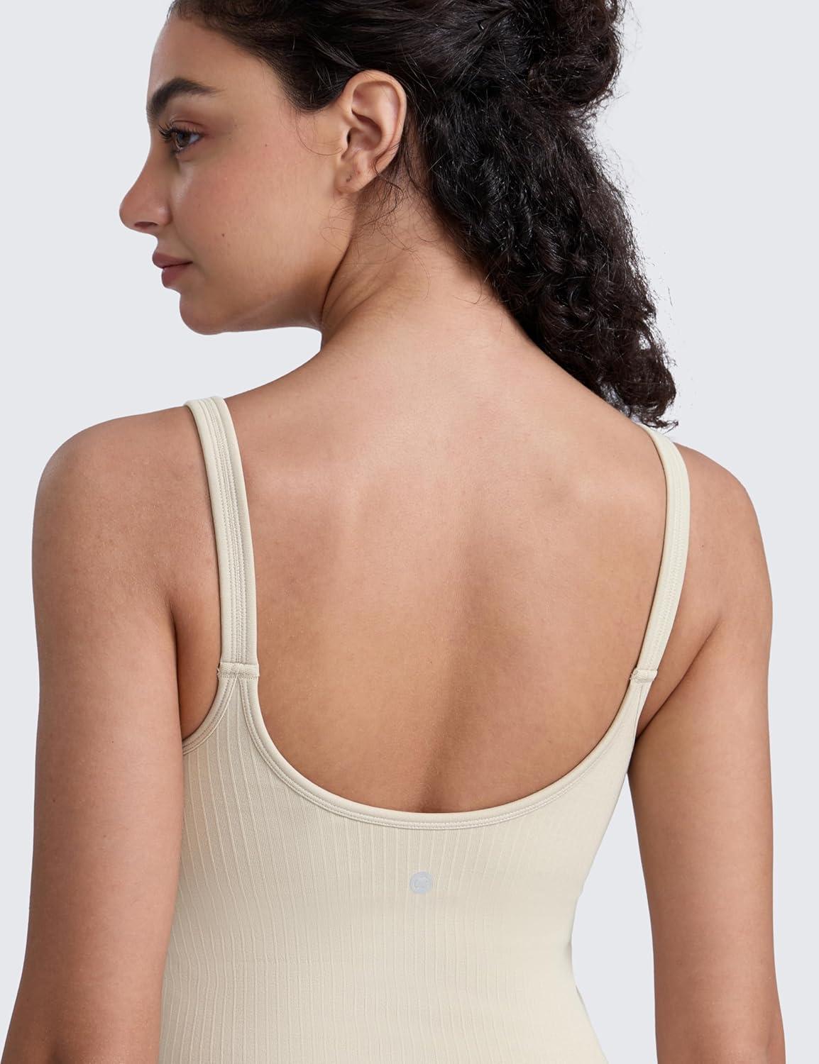 imageCRZ YOGA Seamless Womens U Neck Longline Sports Bra Thin Strap Padded Workout Crop Tank Ribbed Open Back Yoga Camisole TopMojave Tan