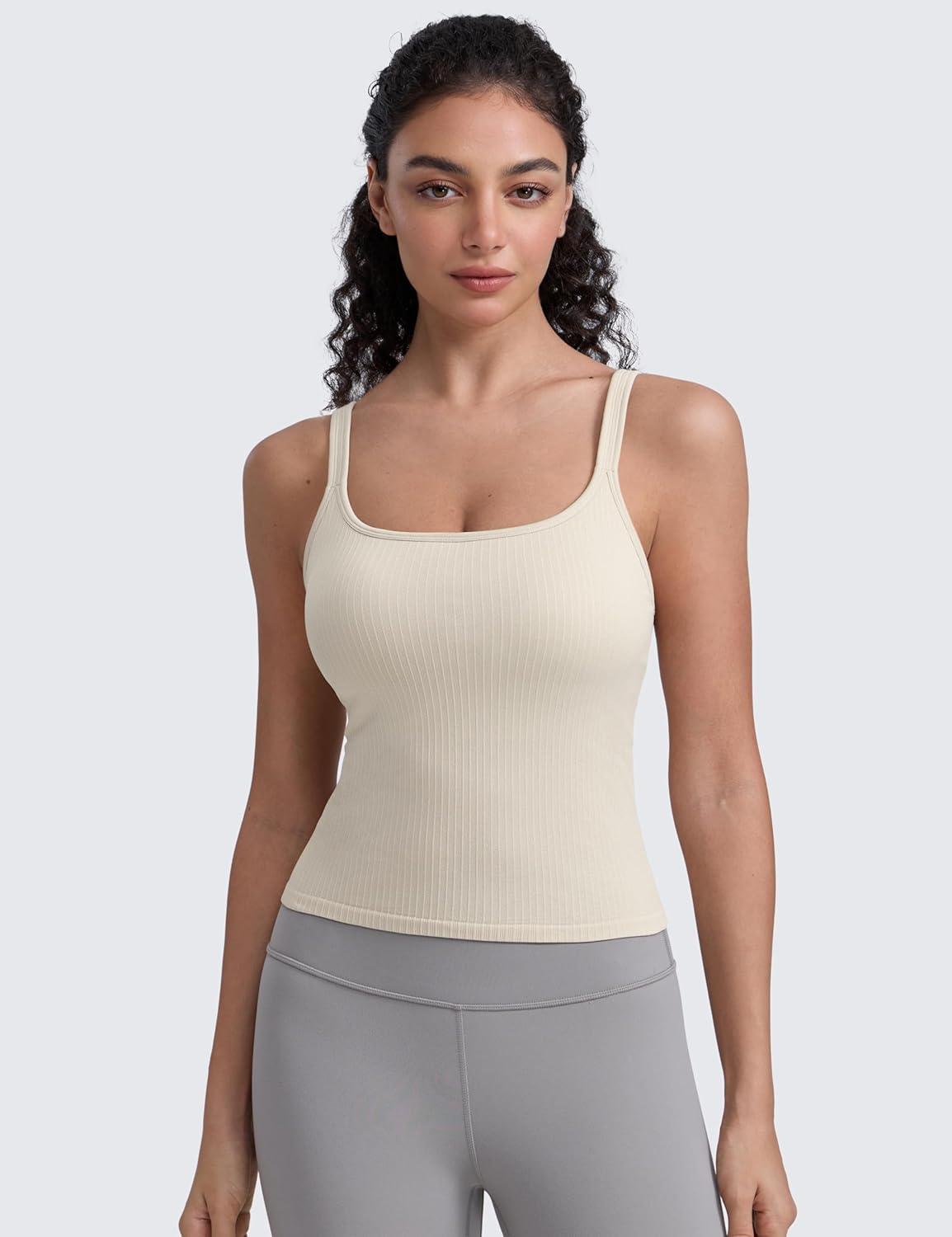 imageCRZ YOGA Seamless Womens U Neck Longline Sports Bra Thin Strap Padded Workout Crop Tank Ribbed Open Back Yoga Camisole TopMojave Tan