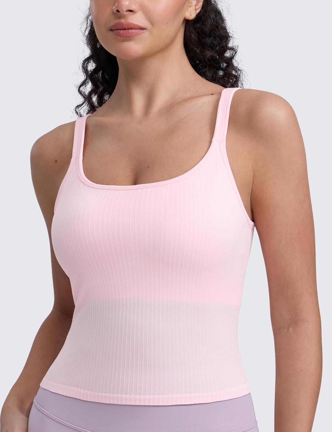 imageCRZ YOGA Seamless Womens U Neck Longline Sports Bra Thin Strap Padded Workout Crop Tank Ribbed Open Back Yoga Camisole TopStrawberry Pink