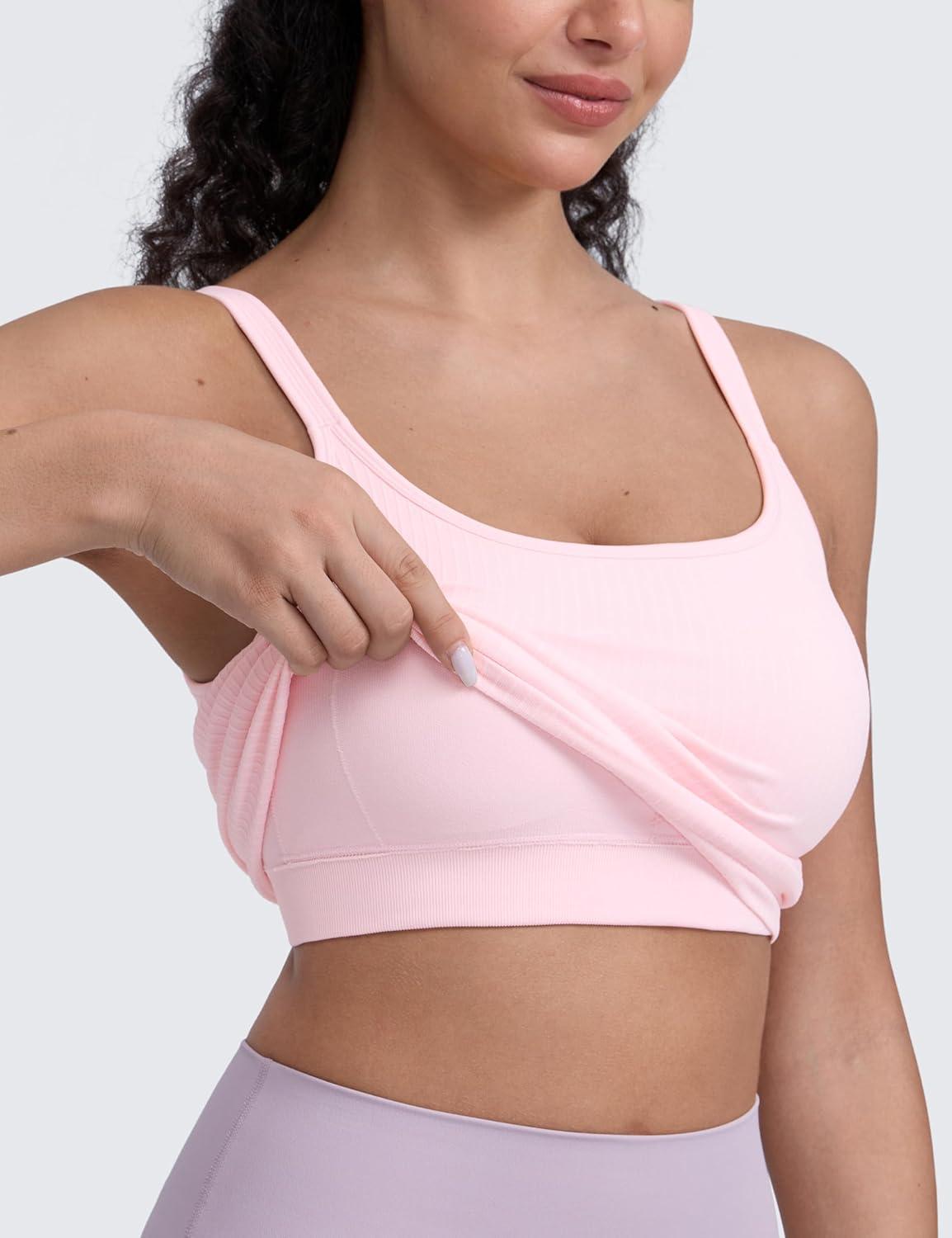 imageCRZ YOGA Seamless Womens U Neck Longline Sports Bra Thin Strap Padded Workout Crop Tank Ribbed Open Back Yoga Camisole TopStrawberry Pink