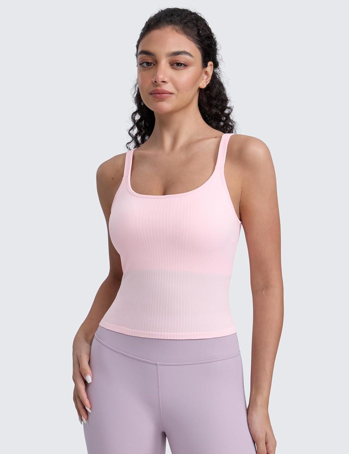 imageCRZ YOGA Seamless Womens U Neck Longline Sports Bra Thin Strap Padded Workout Crop Tank Ribbed Open Back Yoga Camisole TopStrawberry Pink