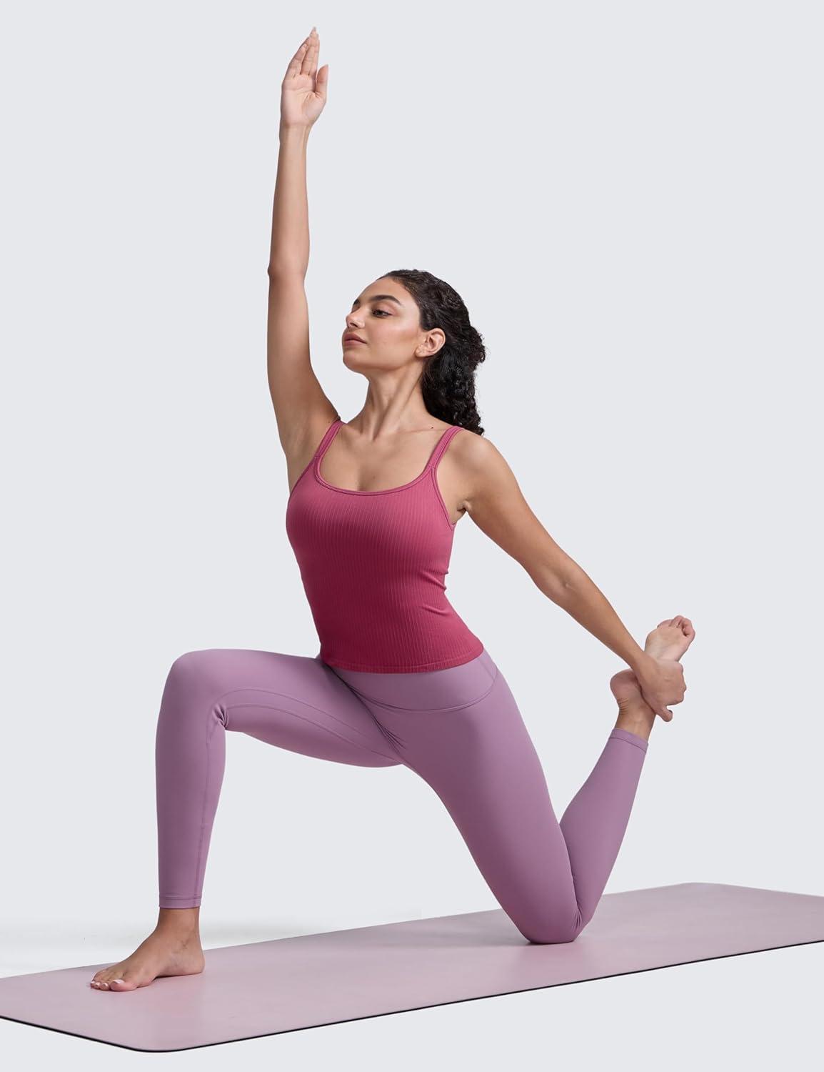 imageCRZ YOGA Seamless Womens U Neck Longline Sports Bra Thin Strap Padded Workout Crop Tank Ribbed Open Back Yoga Camisole TopWashed Mauve