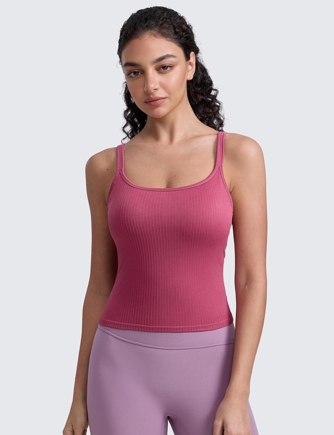 imageCRZ YOGA Seamless Womens U Neck Longline Sports Bra Thin Strap Padded Workout Crop Tank Ribbed Open Back Yoga Camisole TopWashed Mauve