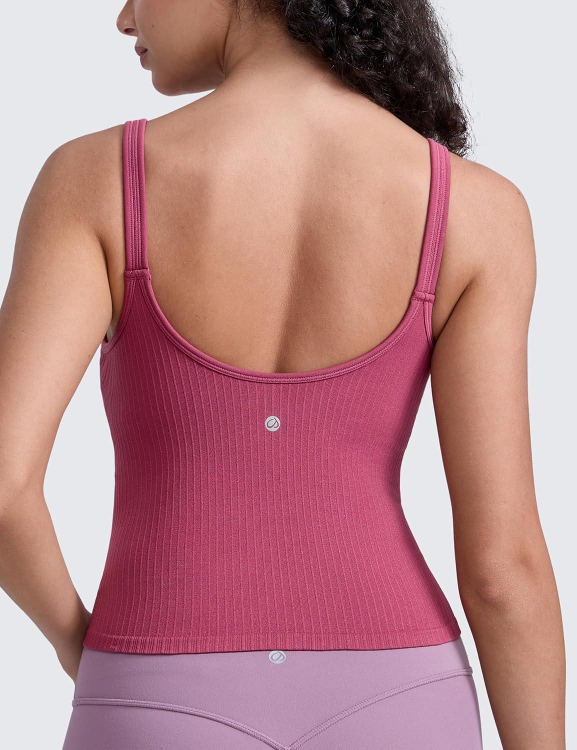 imageCRZ YOGA Seamless Womens U Neck Longline Sports Bra Thin Strap Padded Workout Crop Tank Ribbed Open Back Yoga Camisole TopWashed Mauve