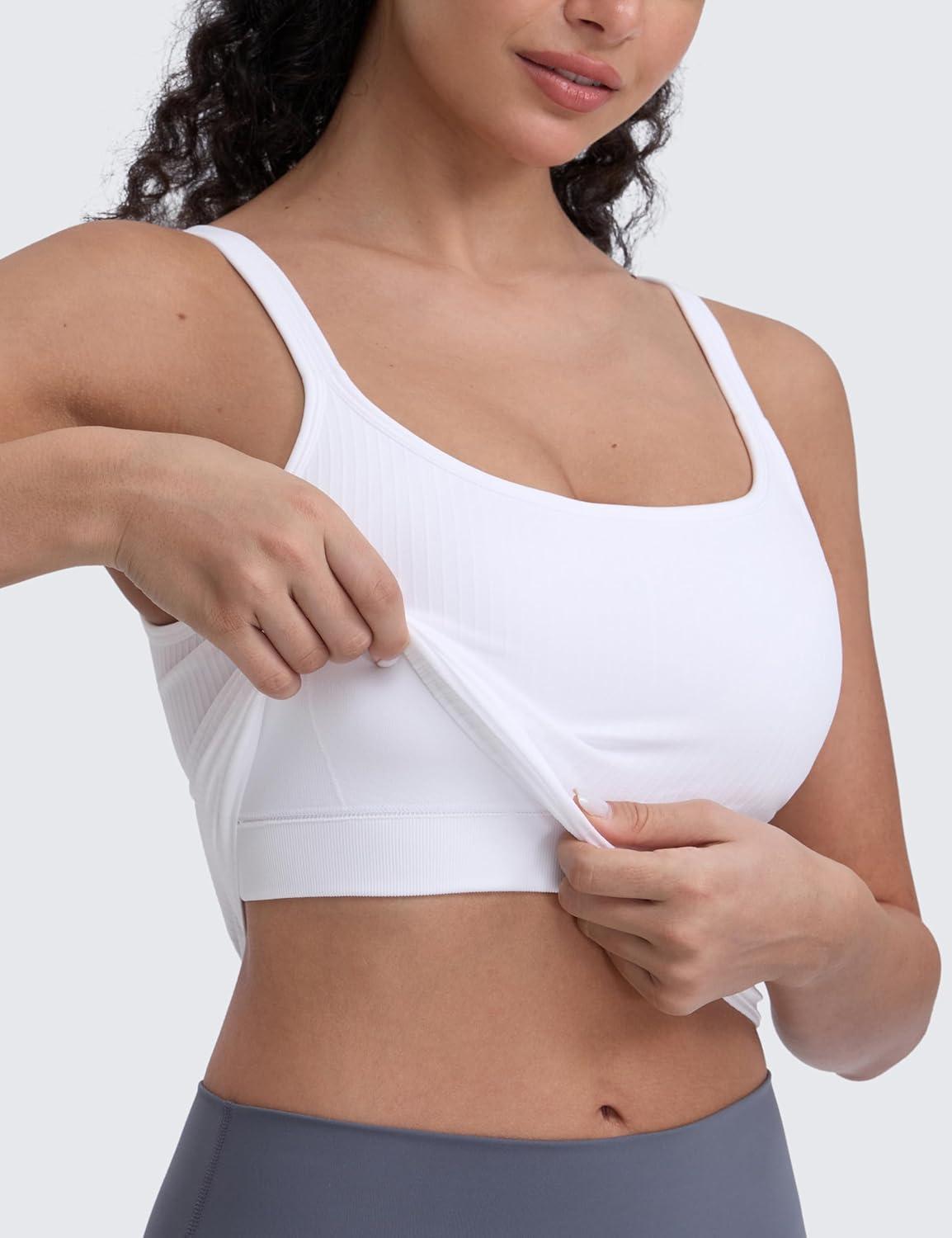 imageCRZ YOGA Seamless Womens U Neck Longline Sports Bra Thin Strap Padded Workout Crop Tank Ribbed Open Back Yoga Camisole TopWhite